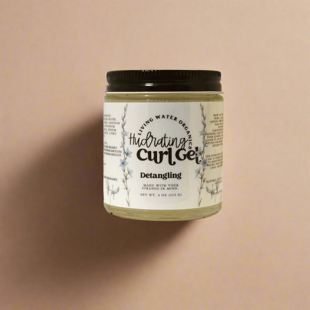 Jar of hydrating curl gel with a label on a beige background