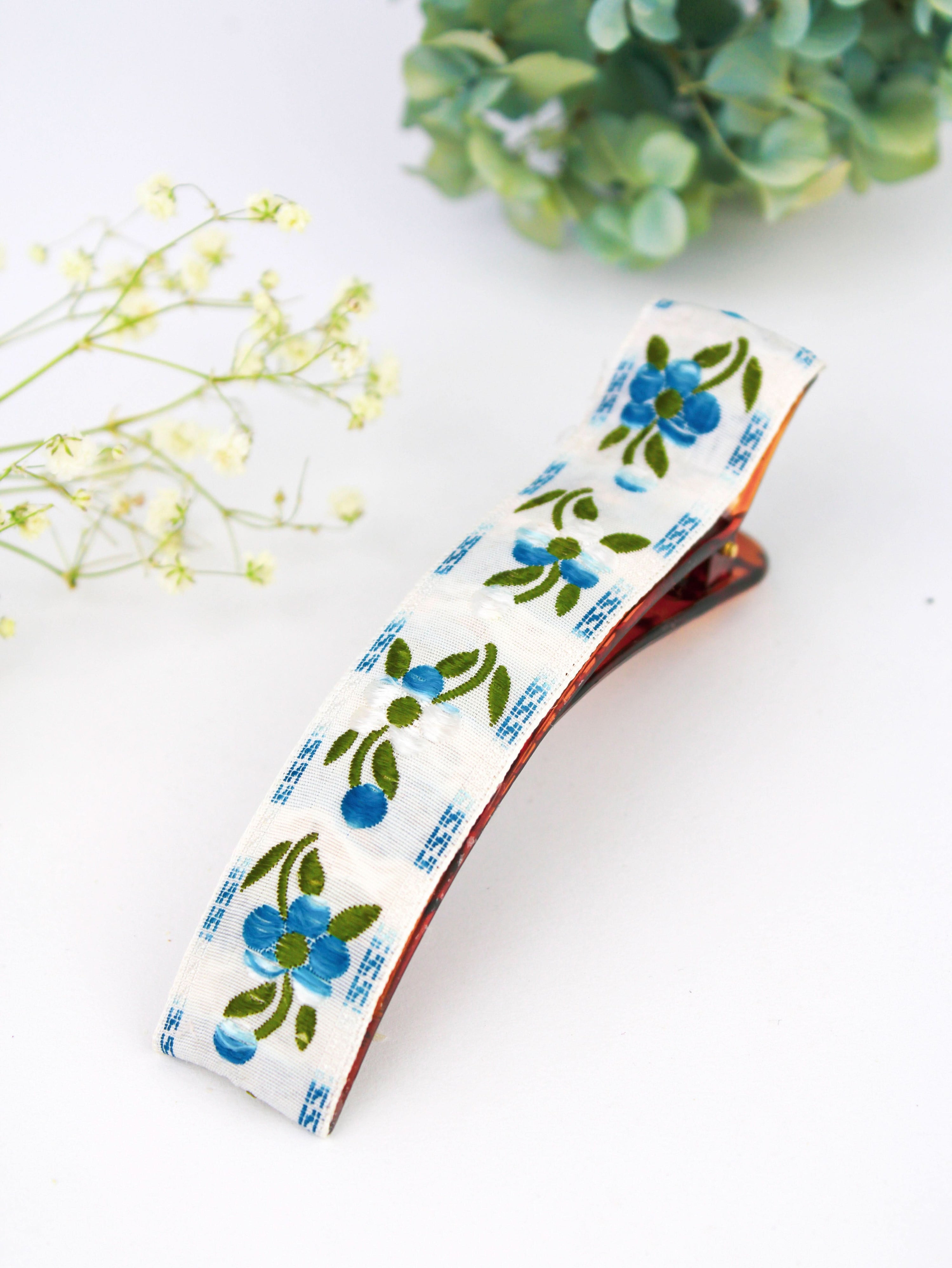 Ash & Rose Hair Clip Blue Clematis Floral Ribbon Hair Clip
