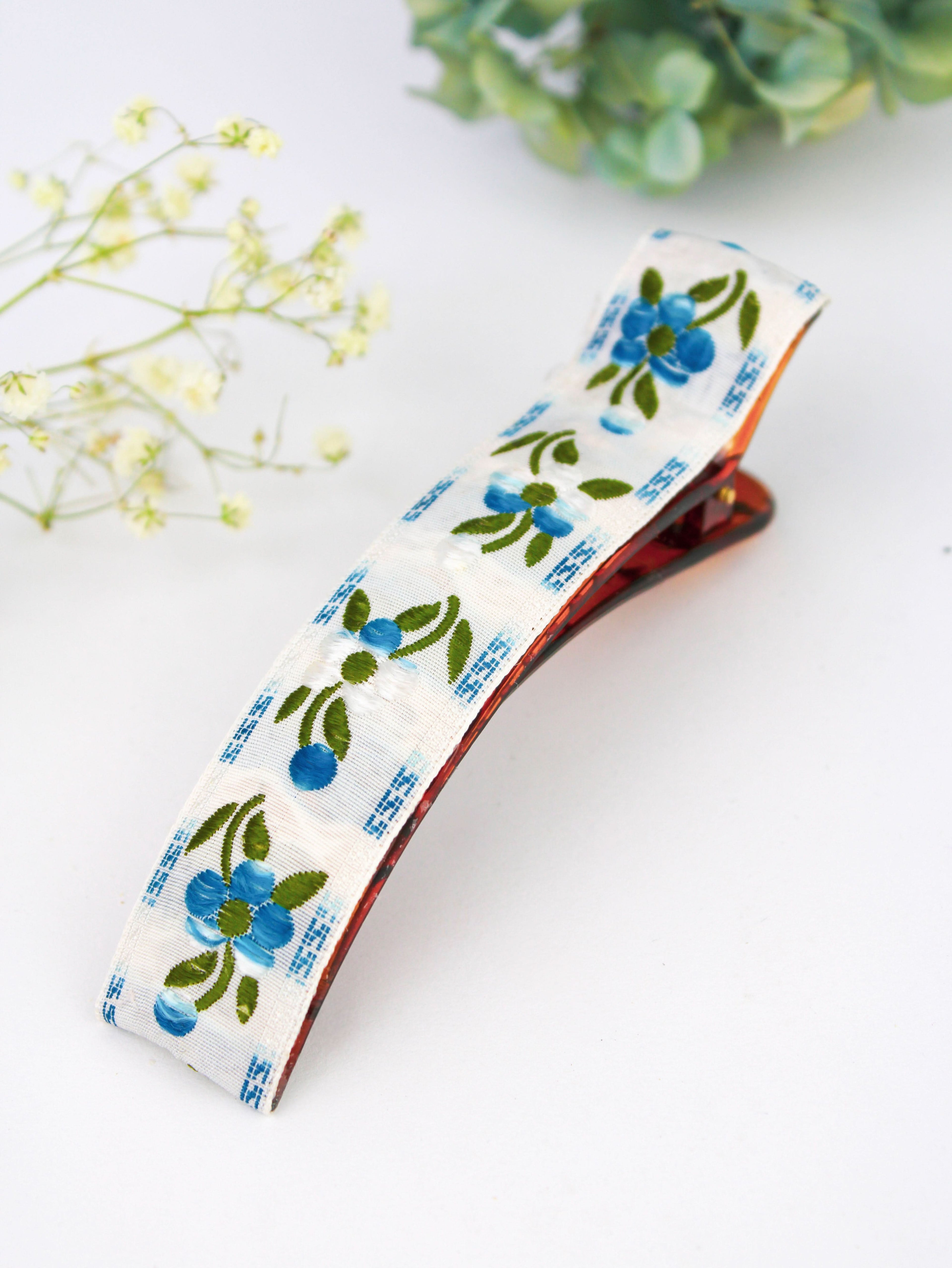 Blue Clematis Floral Ribbon Hair Clip - My American Goods