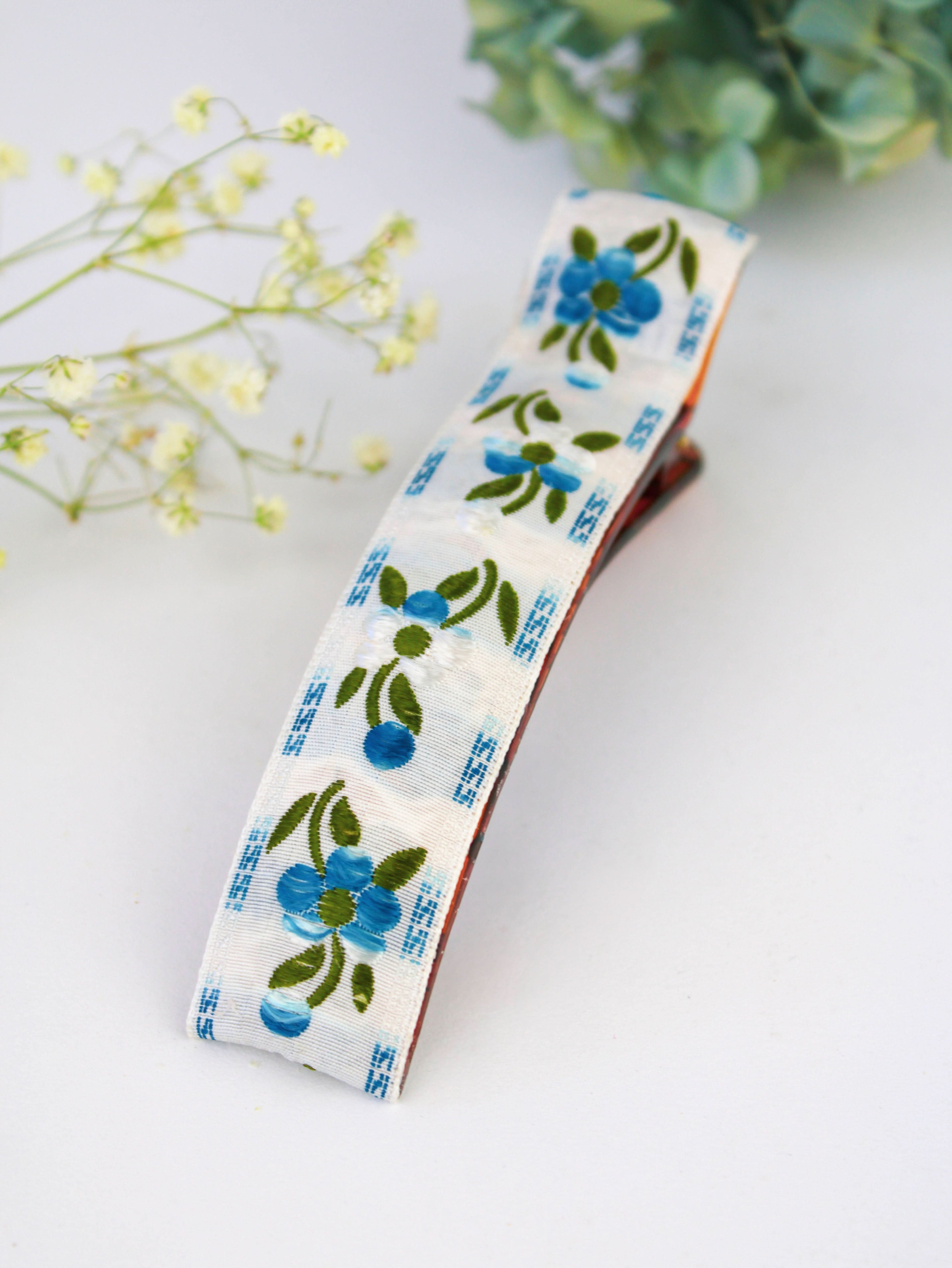 Blue Clematis Floral Ribbon Hair Clip - My American Goods