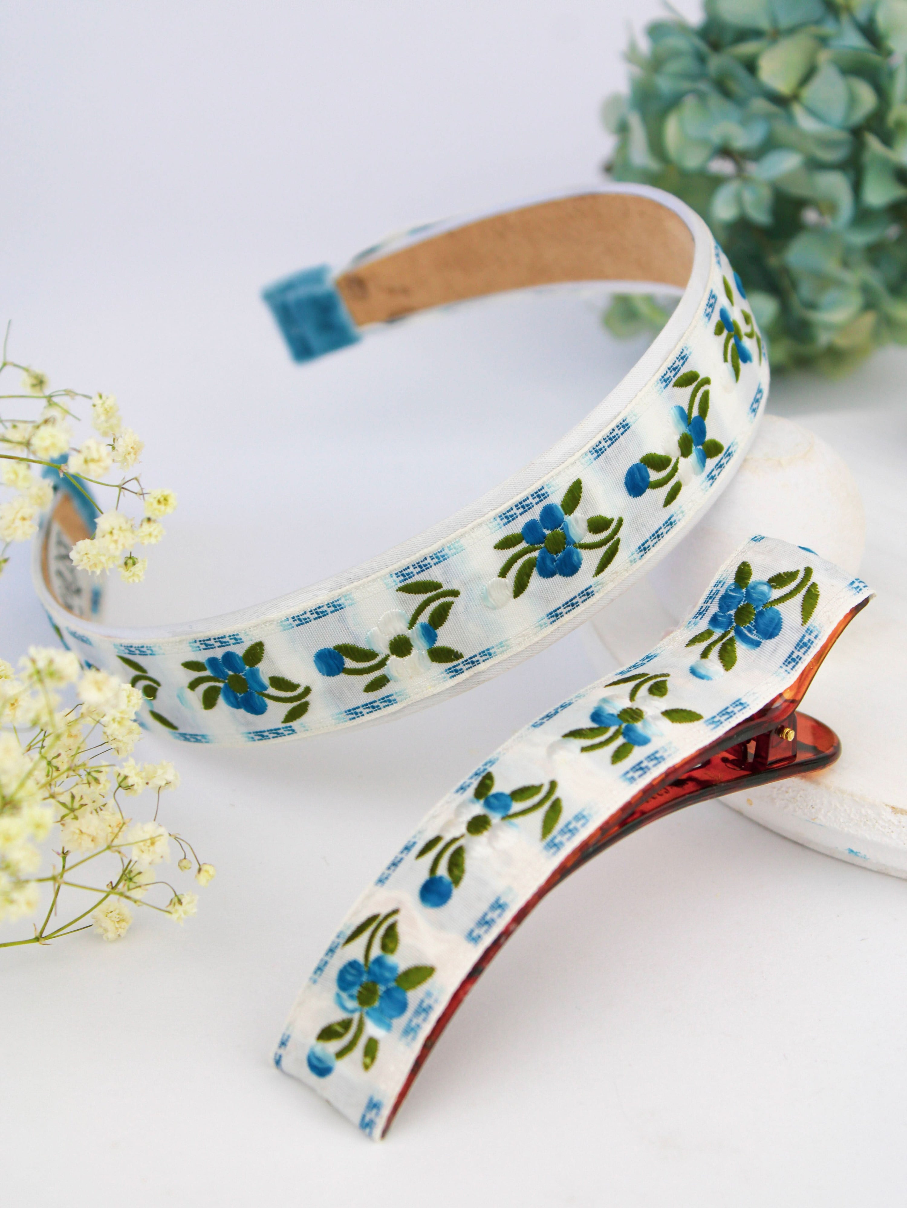 Ash & Rose Hair Clip Blue Clematis Floral Ribbon Hair Clip