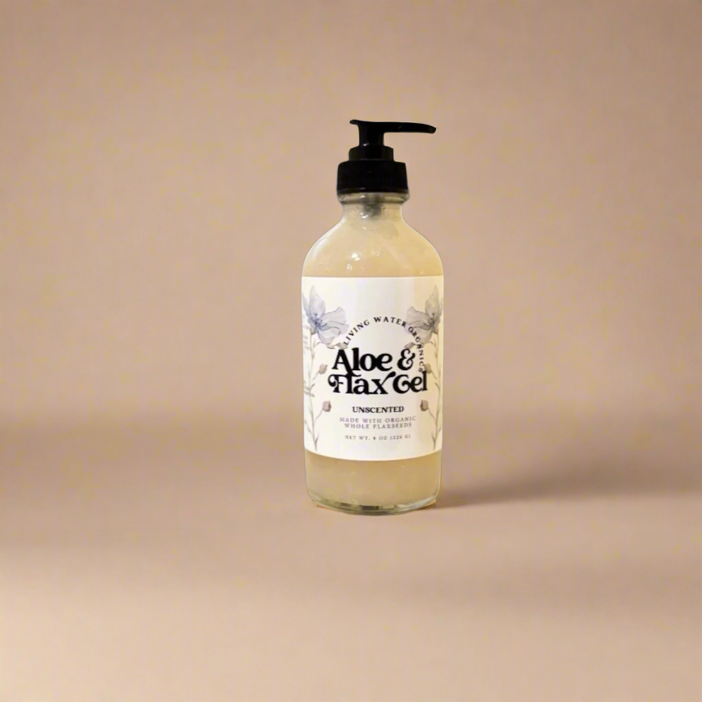 Bottle of Aloe & Flaxgel on a beige background