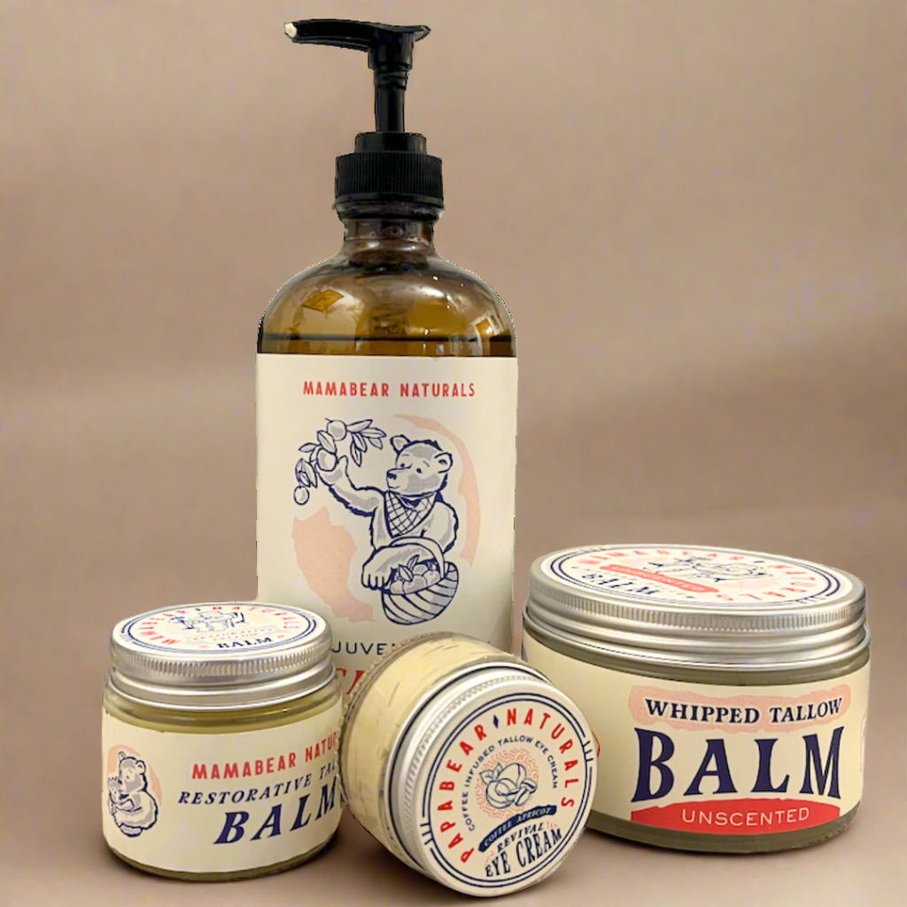 Collection of MamaBear Naturals skincare products on a white background