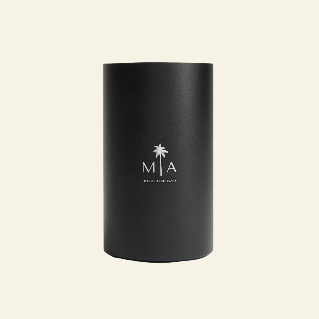 Black cylindrical container with &
