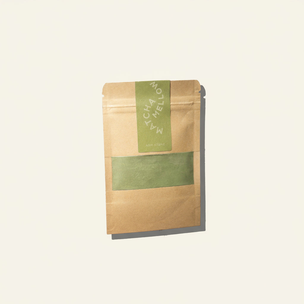 Kraft paper packaging with a green label on a white background