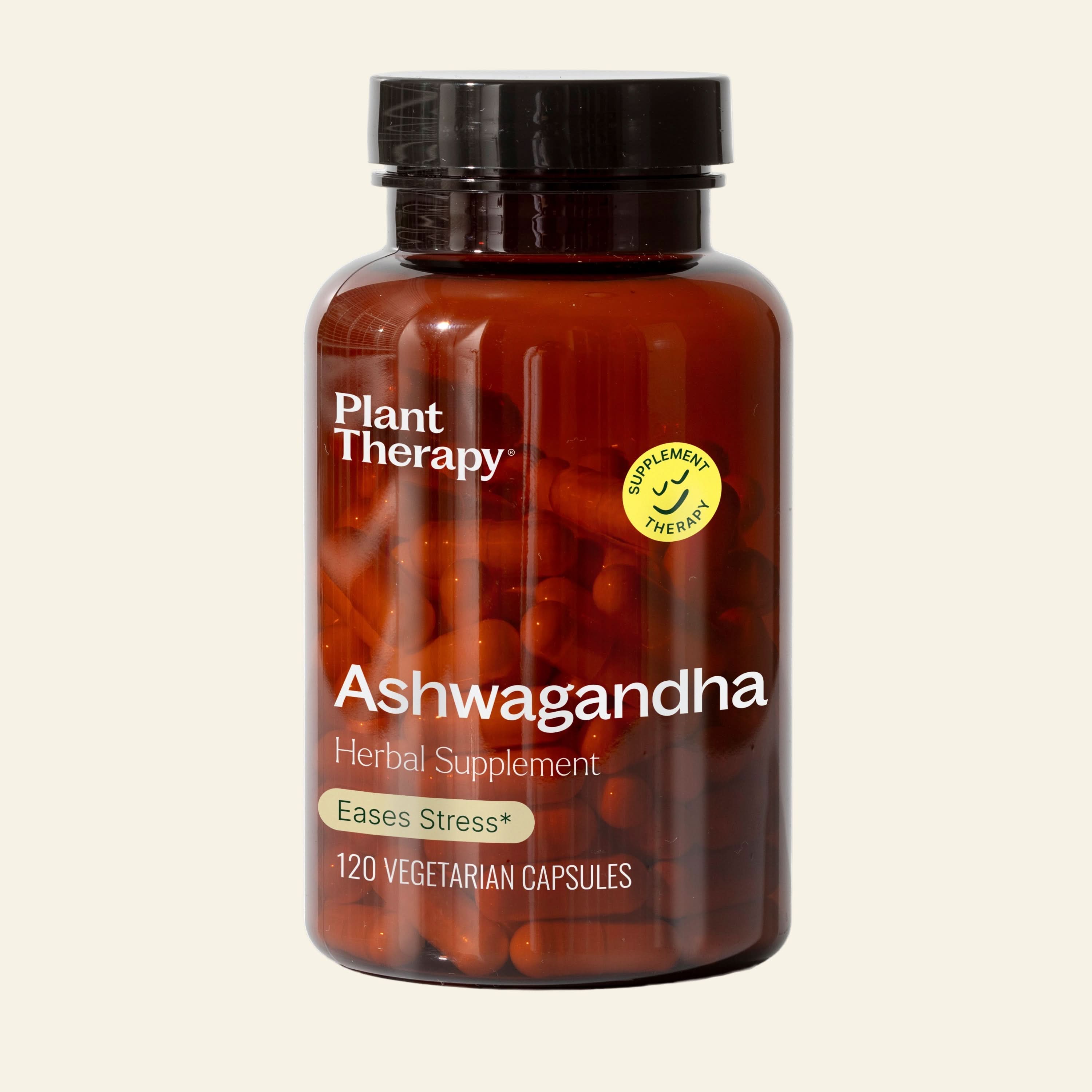 Bottle of Plant Therapy Ashwagandha herbal supplement on a white background