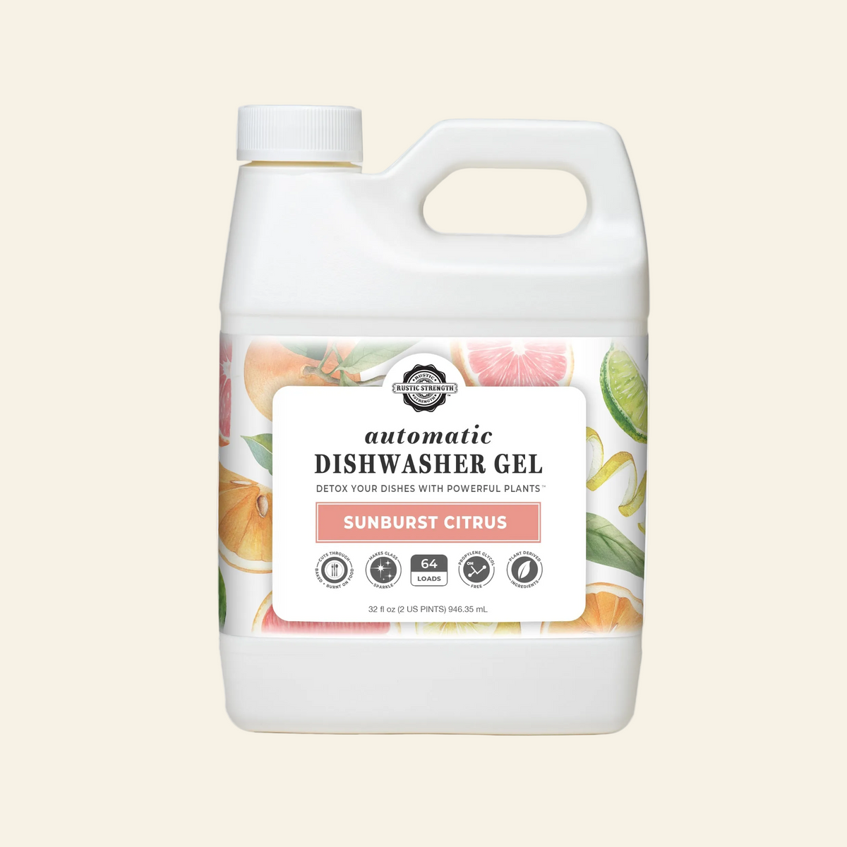 Dishwasher gel container with a colorful label on a white background
