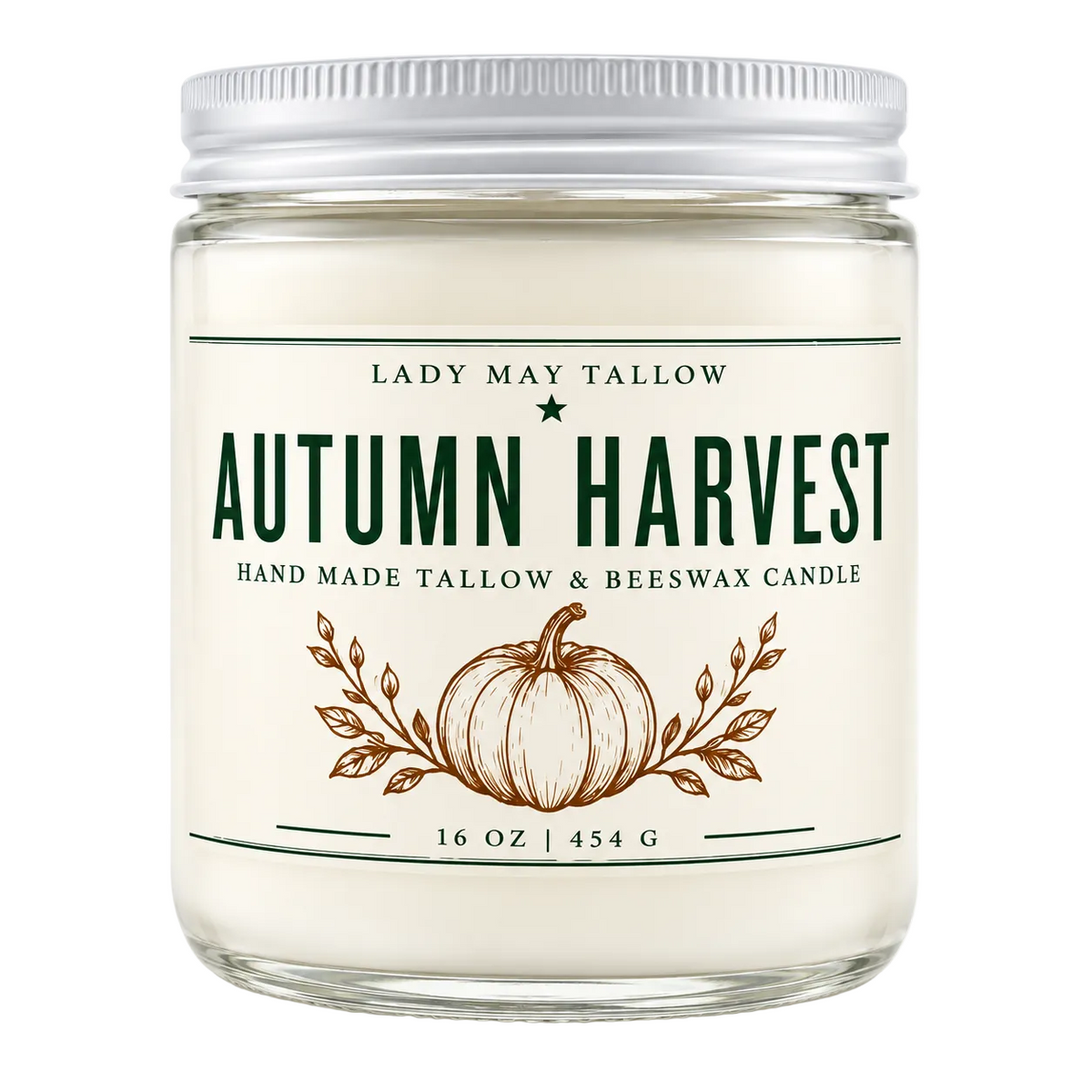 A 16 oz glass jar candle with a silver metal lid, featuring a cream-colored label with &
