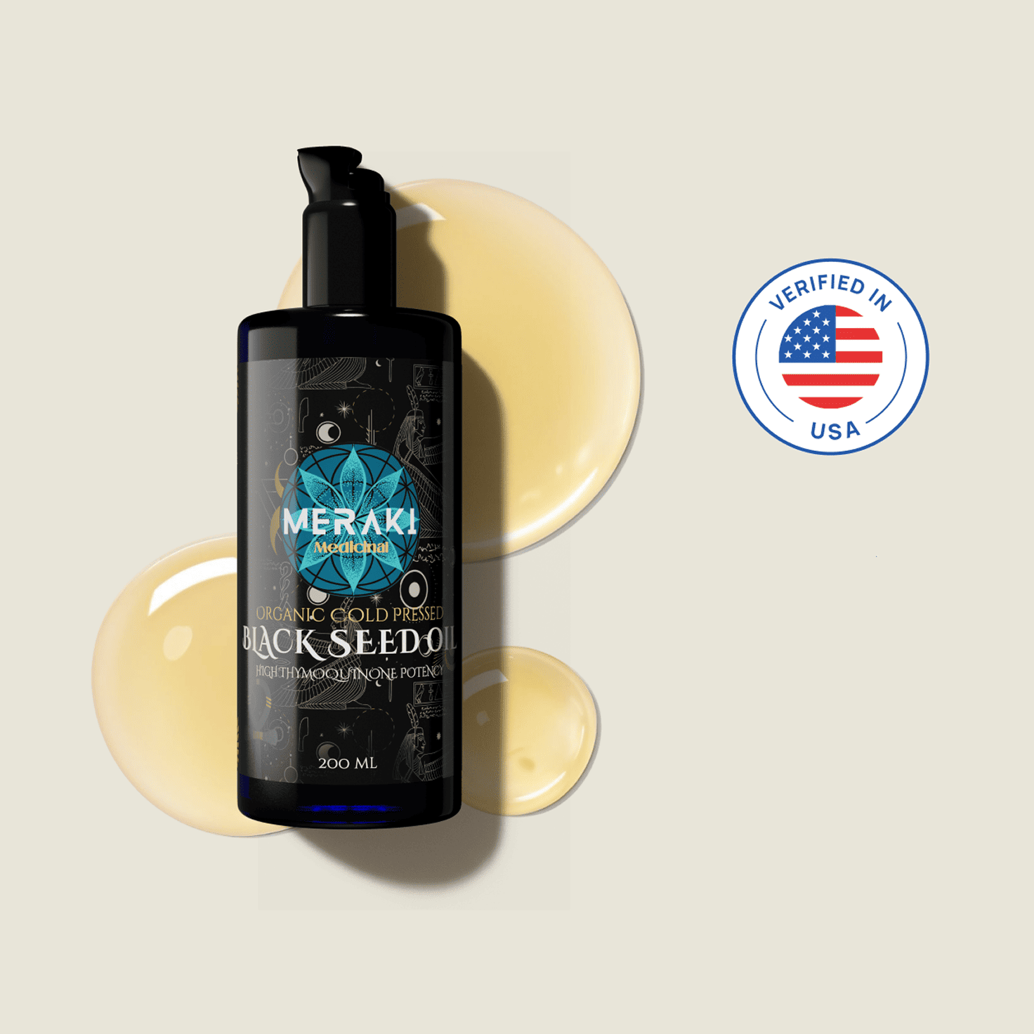 Meraki Black Seed Oil bottle with aVerified in USA badge on a beige background