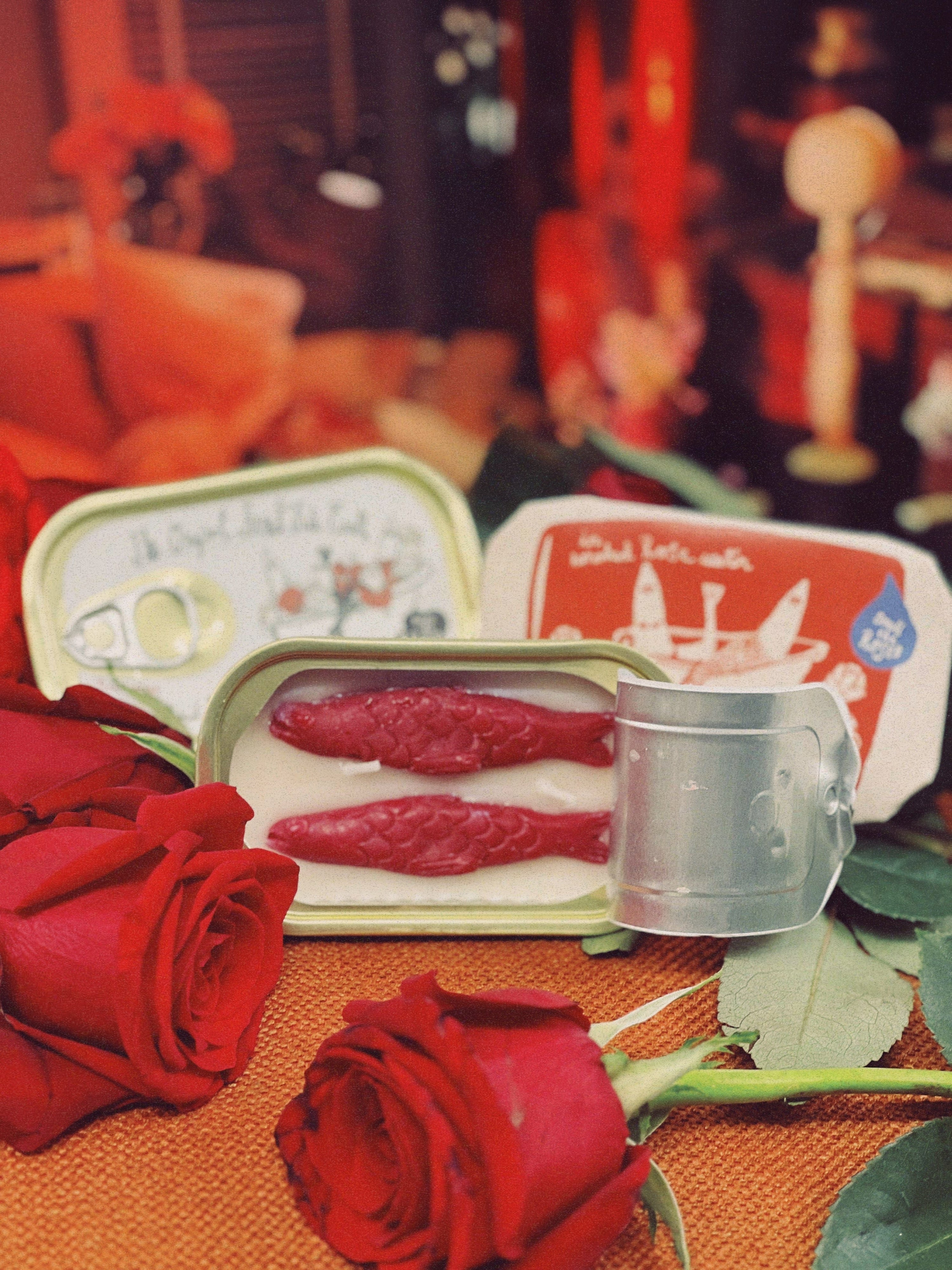 Tinned Candle Tinned Fish Candle - Smoked Rose Water (Roses and Campfire Scented)