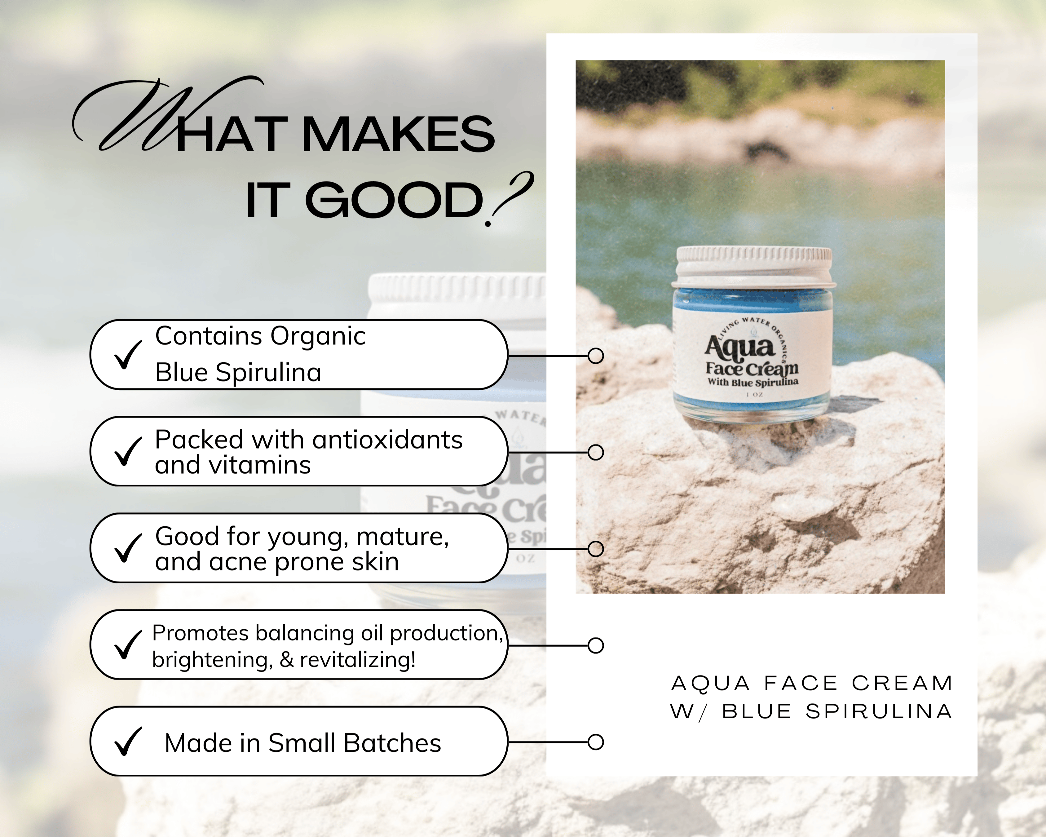 Aqua Face Cream jar with benefits listed on a natural background
