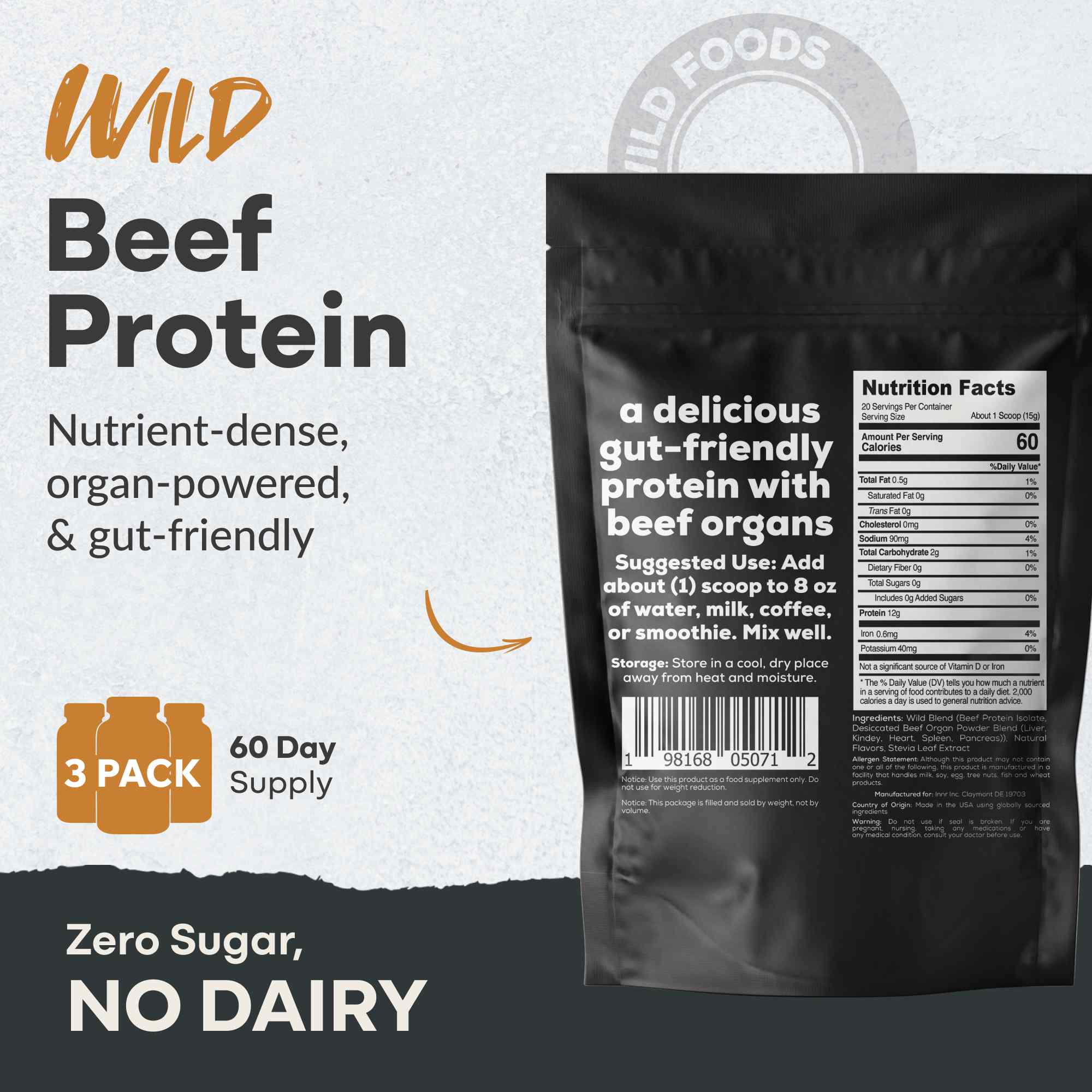 Wild Foods Protein Beef Protein, 20 servings – Grass-Fed Muscle Recovery Protein