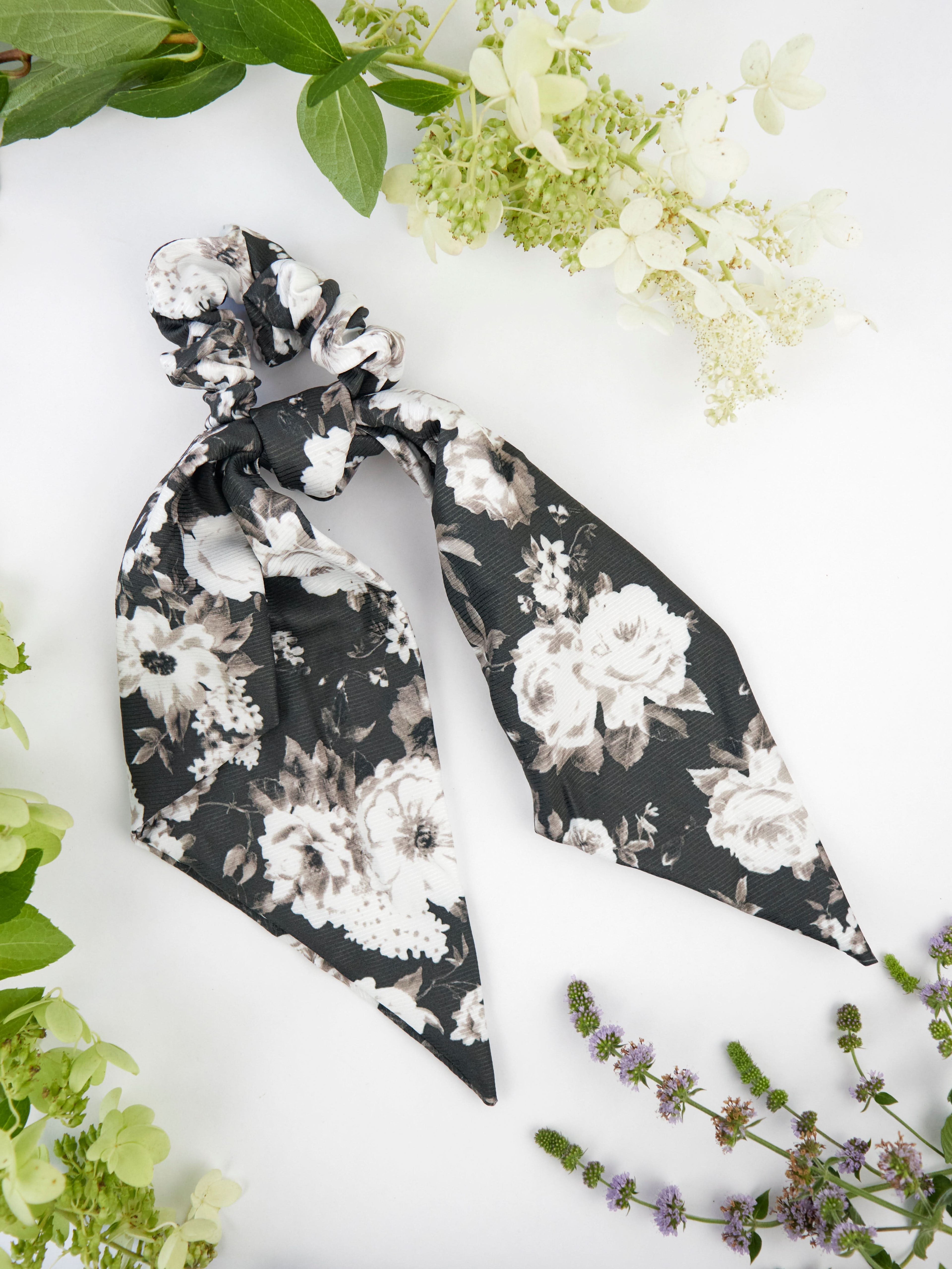 Black Floral Scarf Scrunchie - My American Goods