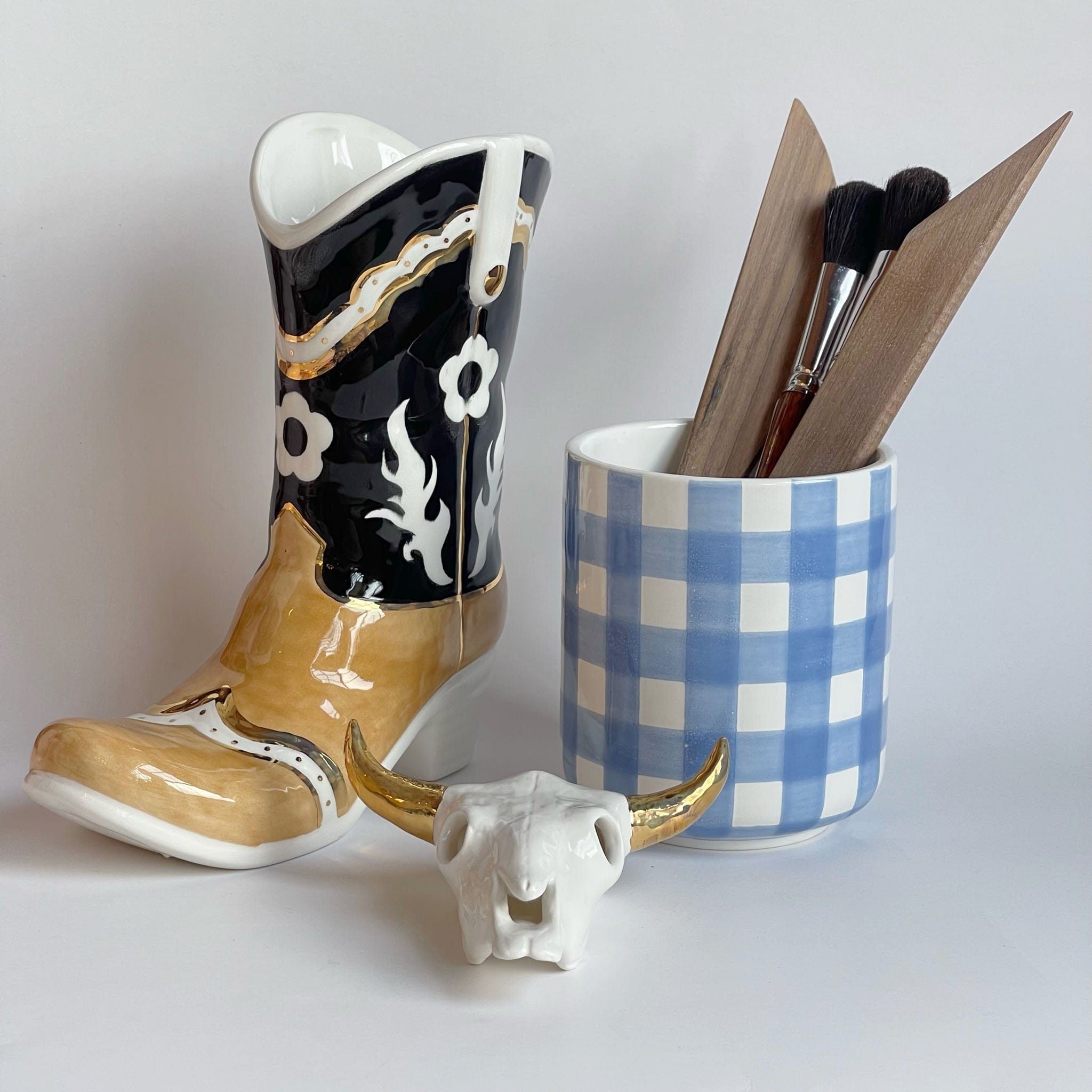 Ruby Clay Company Two Tone Cowboy Boot Vase