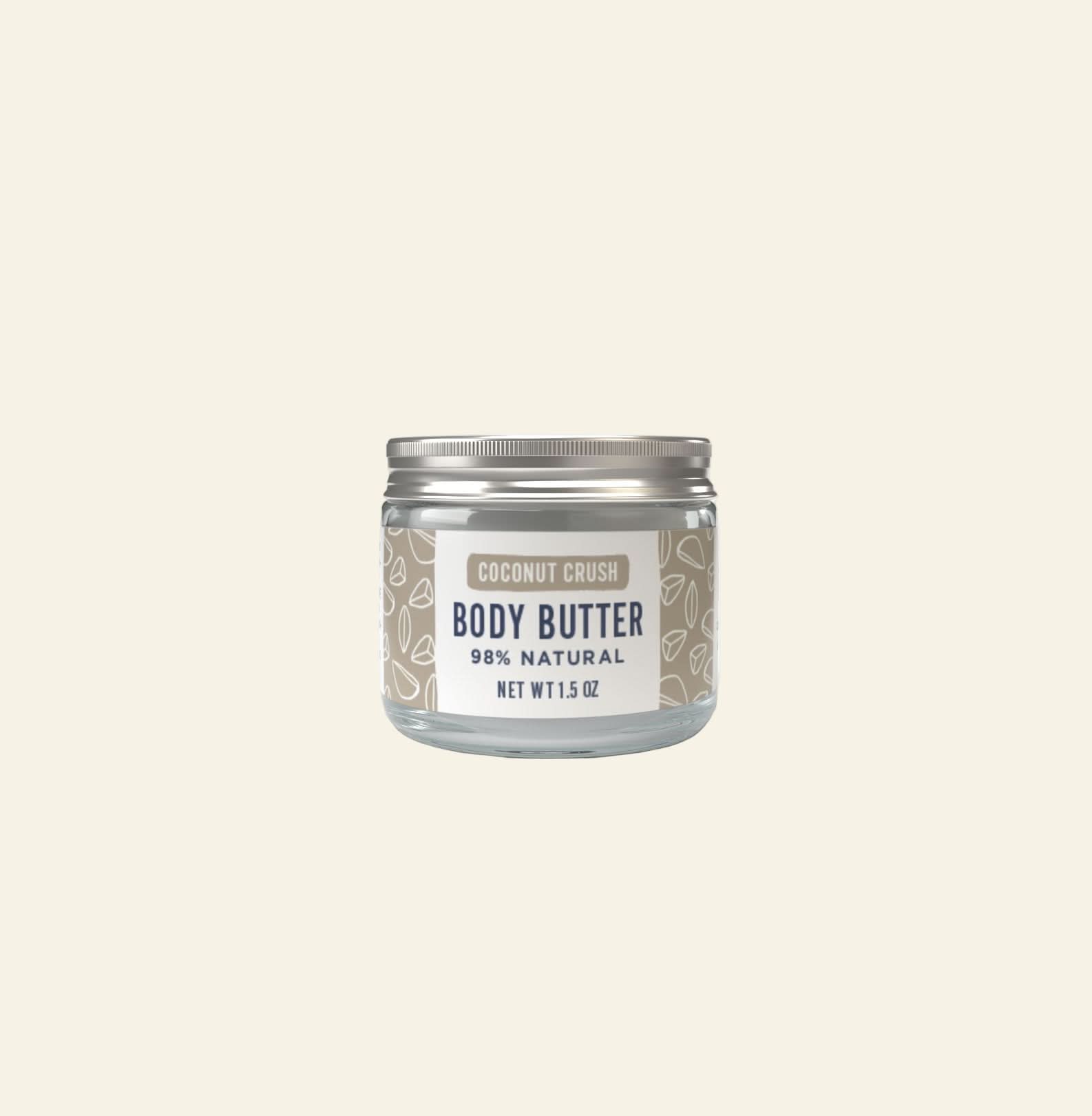 Jar of coconut crush body butter on a white background