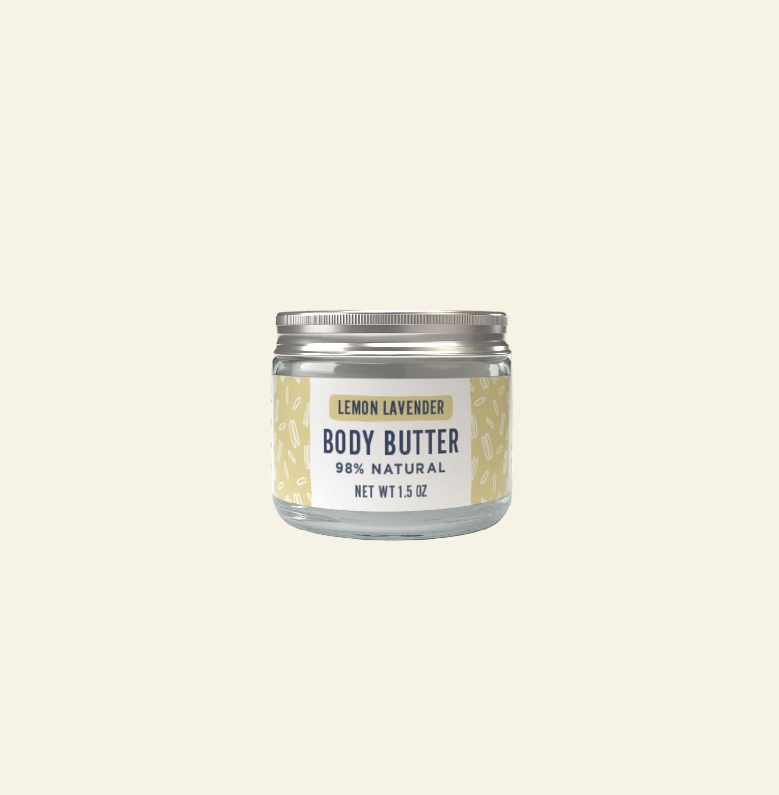 Jar of lemon lavender body butter on a white background