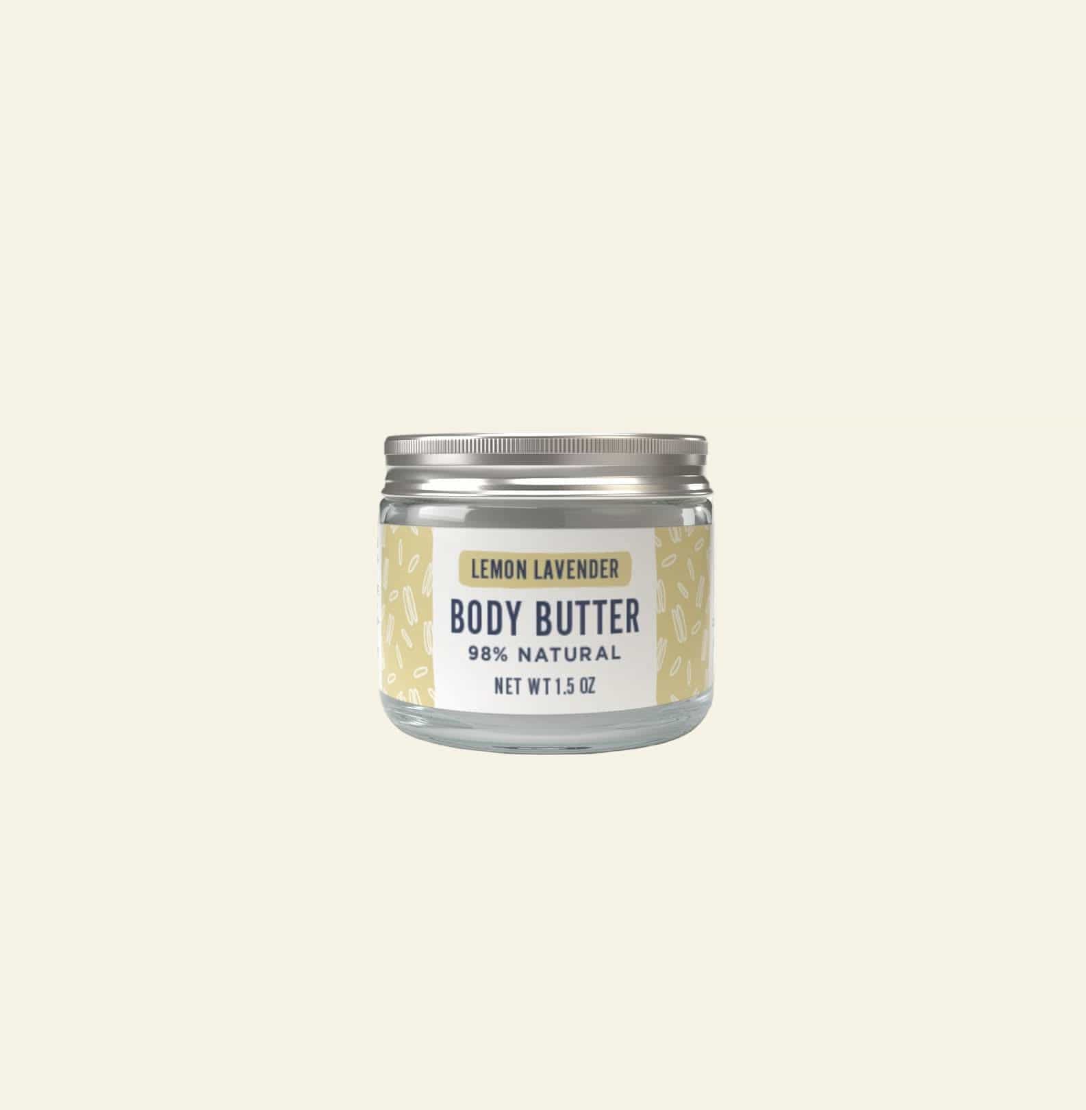 Jar of lemon lavender body butter on a white background