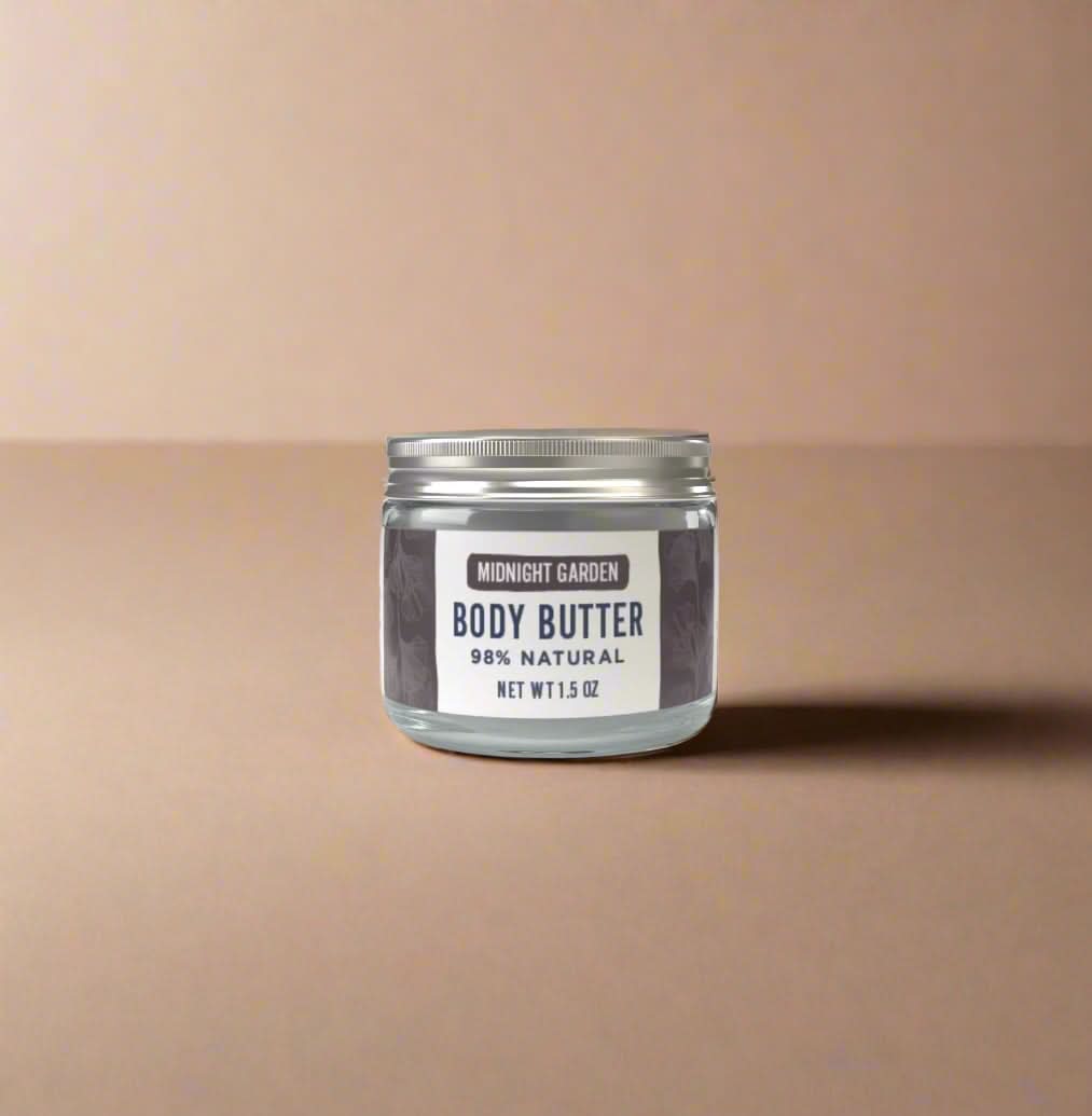 Jar of Midnight Garden body butter on a white background