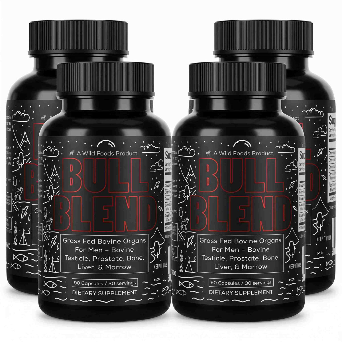 Wild Foods Supplements 4x - 360 caps (Save $30!) Bull Blend, 30 servings – Natural Male Hormone & Energy Support