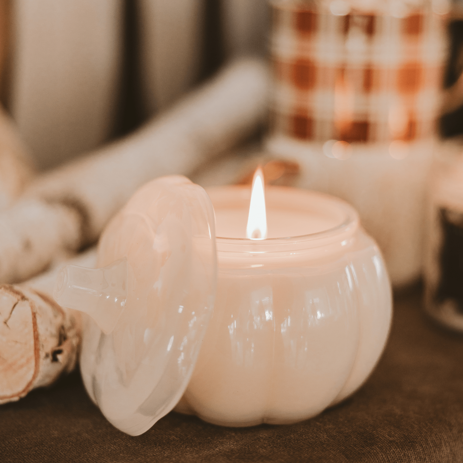 Warm and Cozy Soy Candle - White Translucent Glass Pumpkin Jar - 20 oz