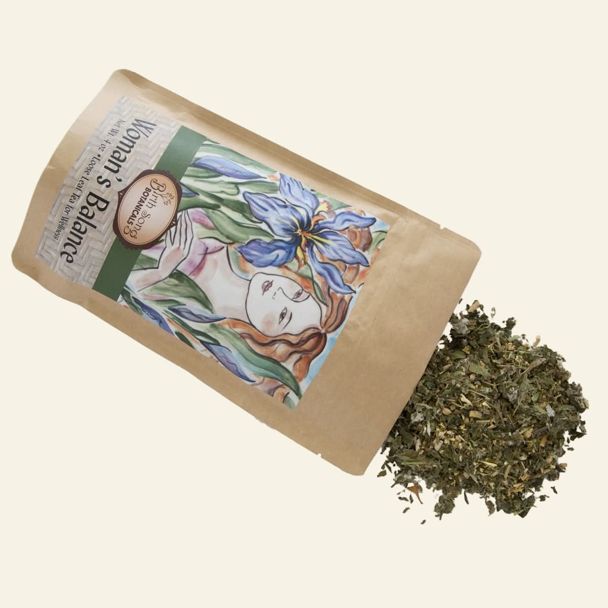 Herbal tea packaging with dried herbs on a white background