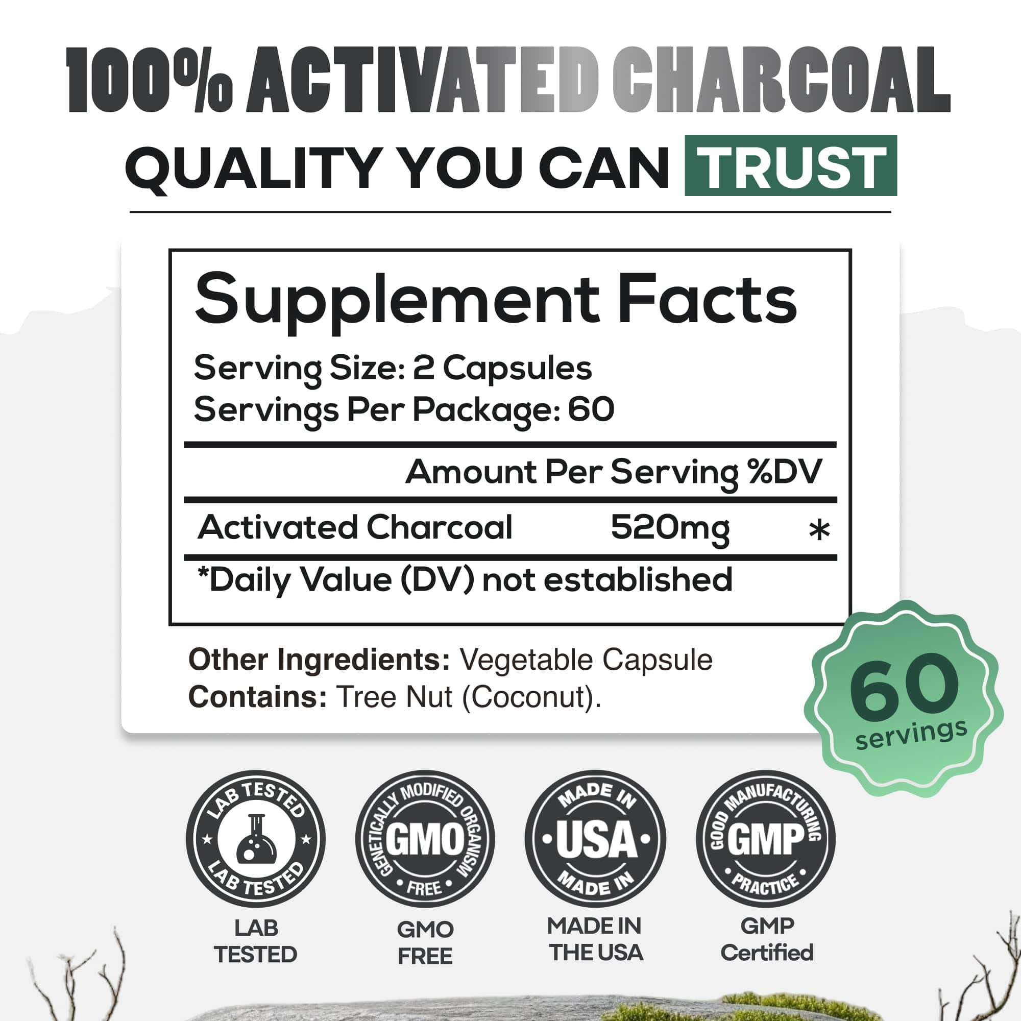 Wild Foods Supplements Activated Charcoal Capsules – 100% Organic Coconut Shells