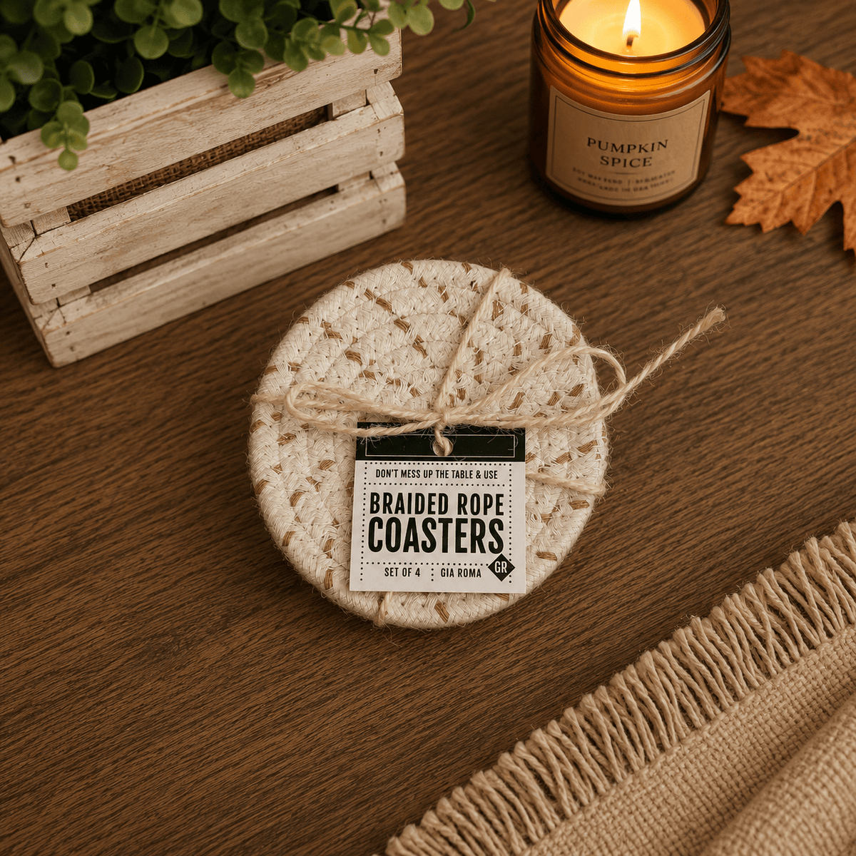 Gia Roma Coaster Brown & White Dashes / 4pk Fall Fabric Coasters