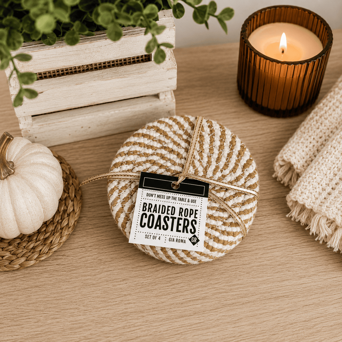 Gia Roma Coaster Brown & White Spiral / 4pk Fall Fabric Coasters