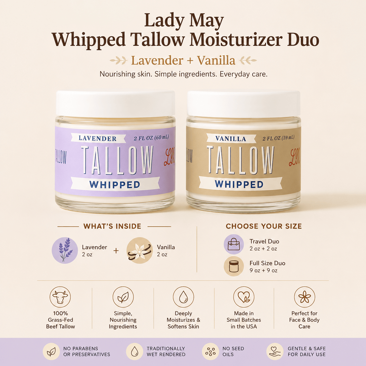 Lady May Tallow Lotion & Moisturizer Whipped Tallow Moisturizer Duo | Lavender & Vanilla