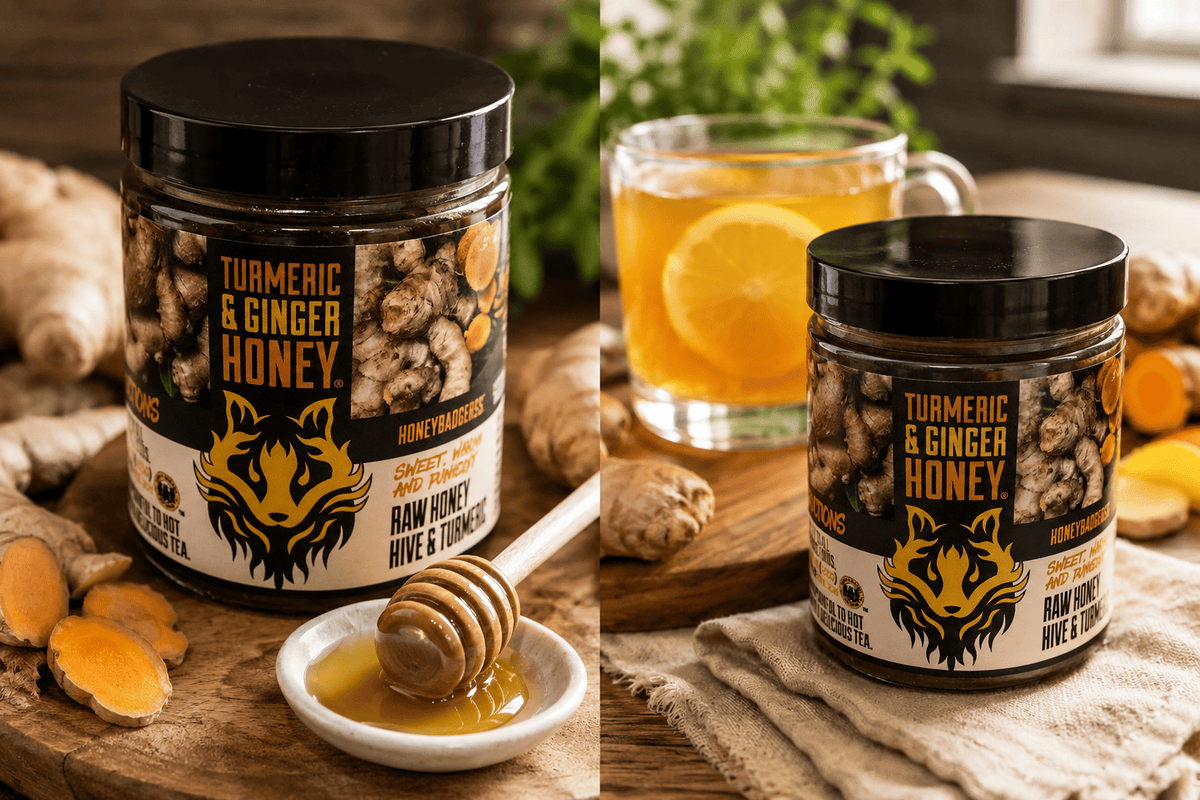 Honey Badgers Bee Farm All natural Tea Turmeric & Ginger Honey