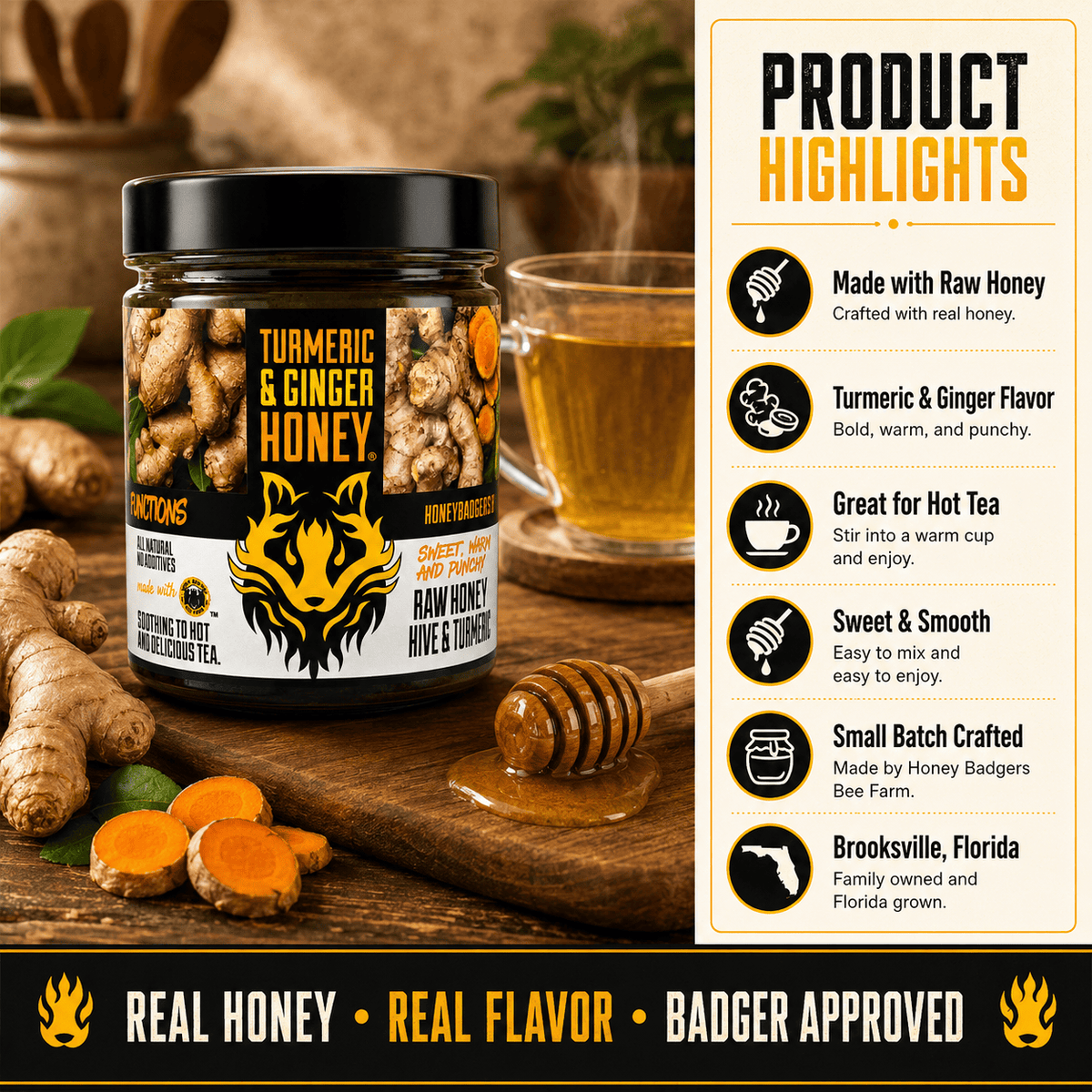 Honey Badgers Bee Farm All natural Tea Turmeric & Ginger Honey