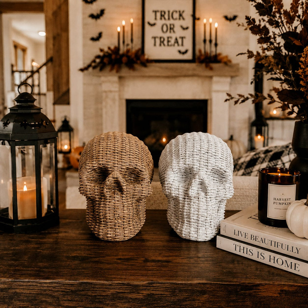 Gia Roma Basket Weave Statue Skull Me Rattan-Style Skull Decor – Natural & White Resin