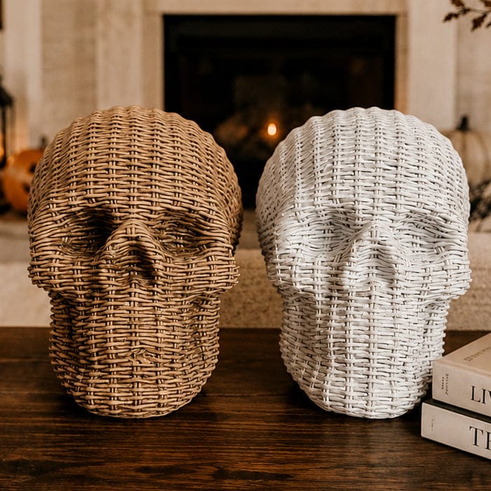 Gia Roma Basket Weave Statue 2pk-1 of Each Color Skull Me Rattan-Style Skull Decor – Natural & White Resin
