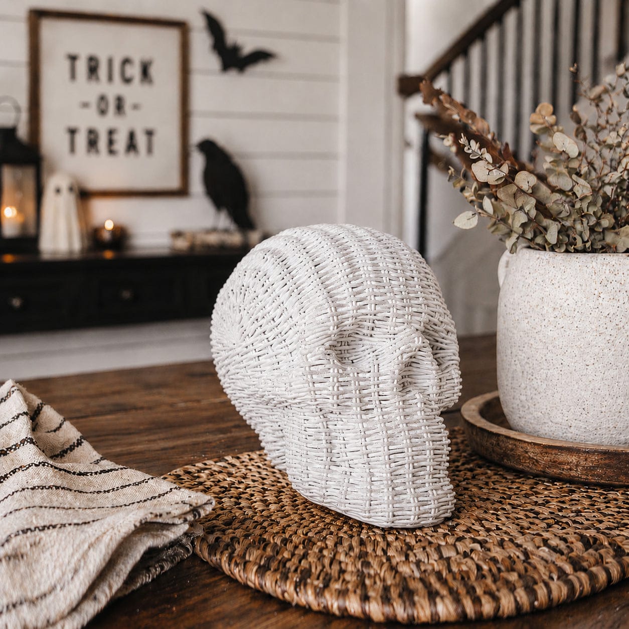 Gia Roma Basket Weave Statue Skull Me Rattan-Style Skull Decor – Natural & White Resin