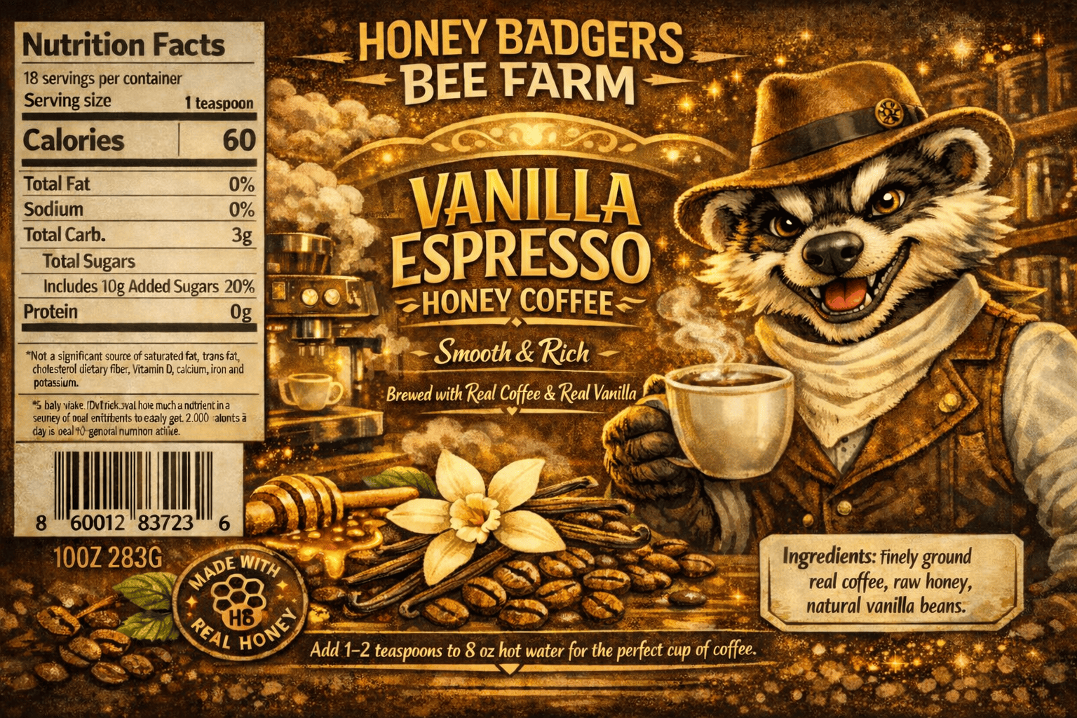 Honey Badgers Bee Farm All Natural Coffee Vanilla Espresso Coffee