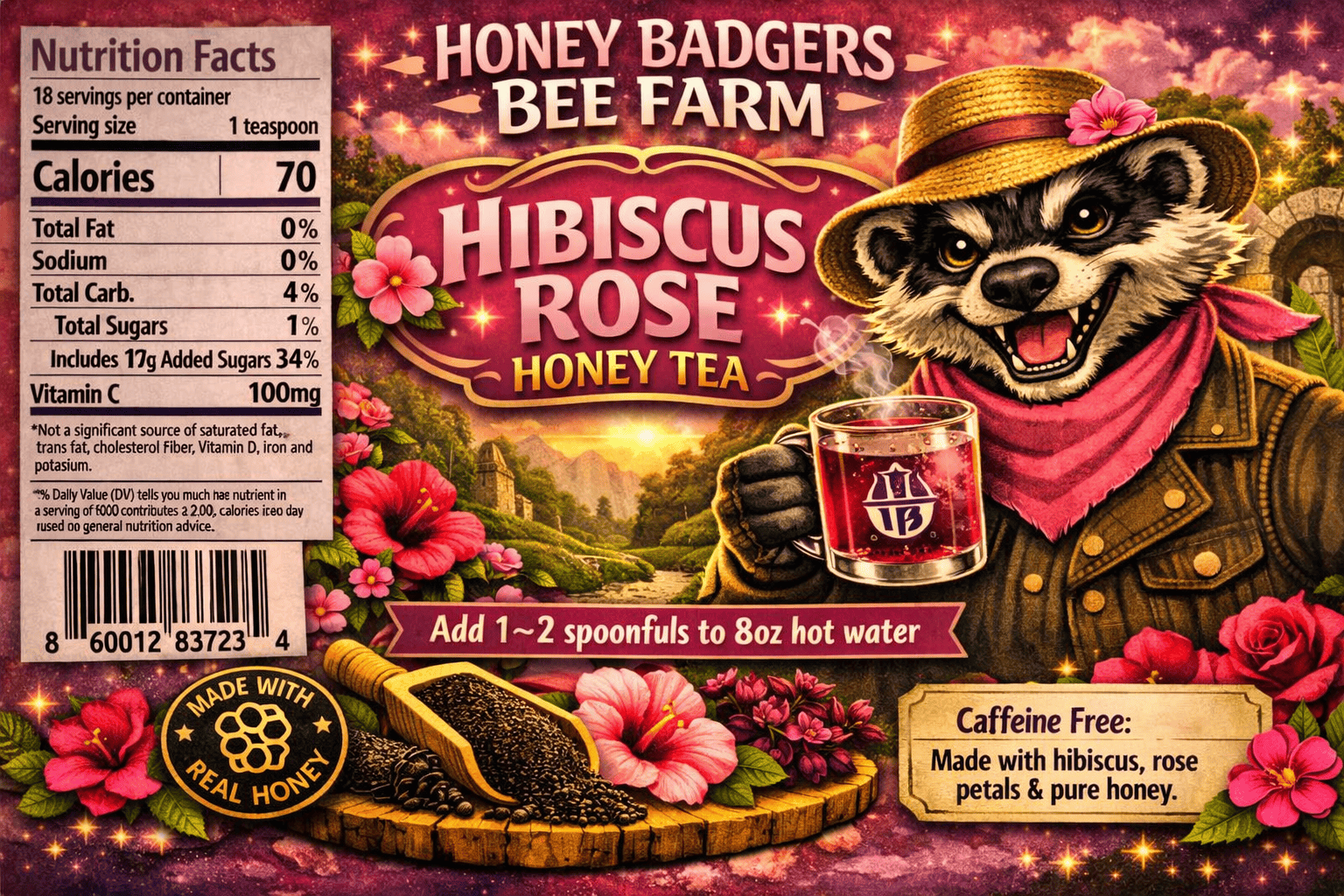 Honey Badgers Bee Farm All natural Tea Hibiscus & Rose Honey