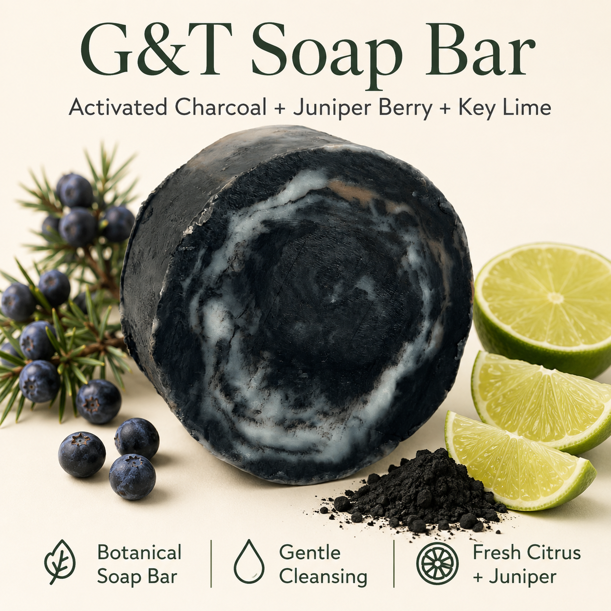 A G&T Soap Bar shown as a round dark charcoal bar with white marbled swirls, surrounded by blueberries, lime slices, and charcoal powder on a light beige background. Text at the top reads &
