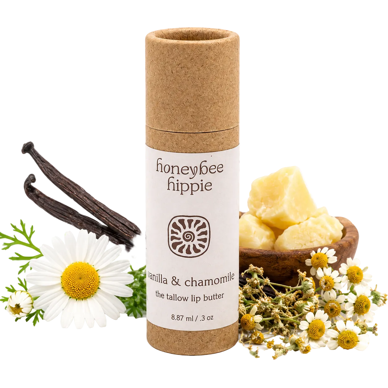 Honeybee Hippie vanilla and chamomile lip butter with vanilla beans, flowers, and beeswax on a white background