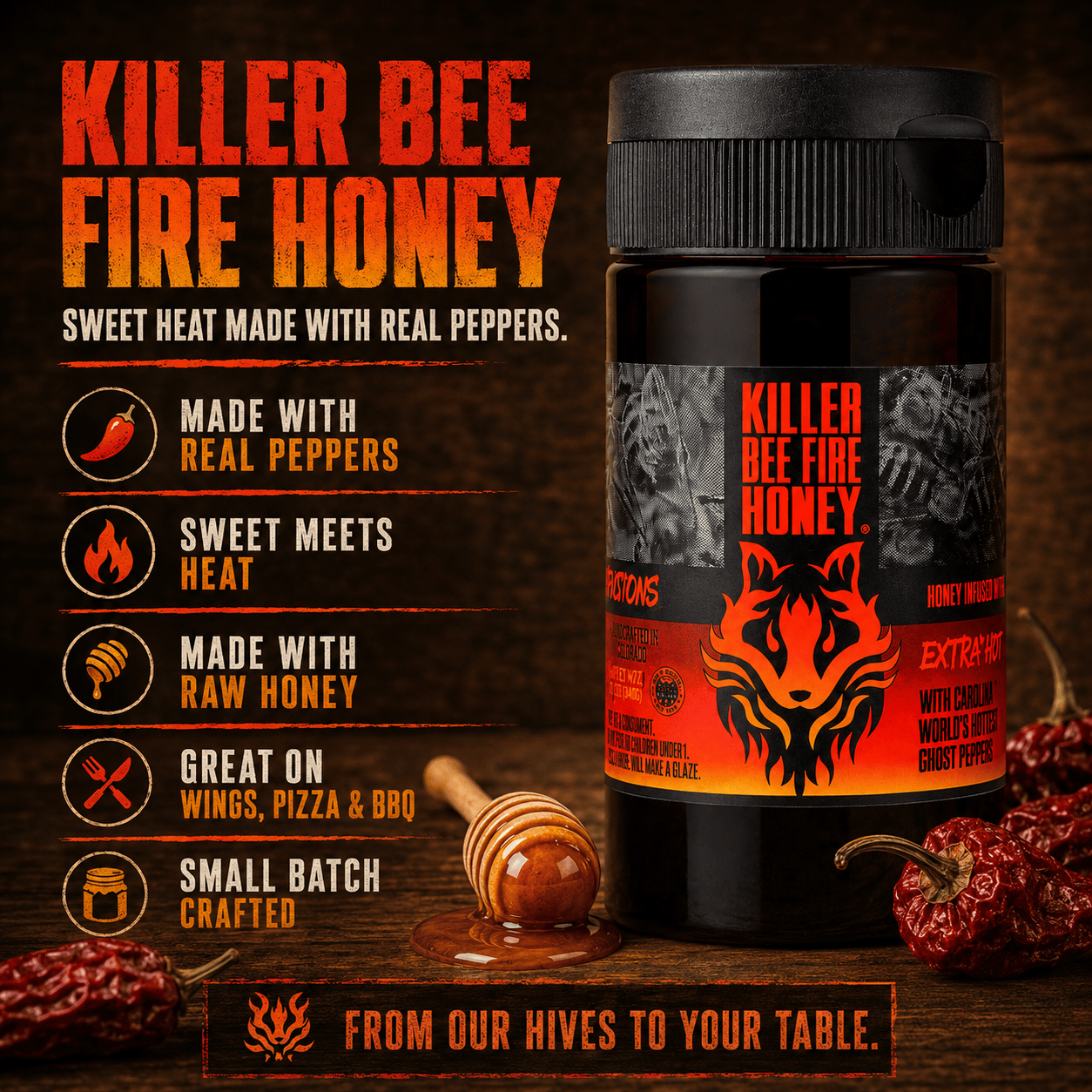 Honey Badgers Bee Farm Hot Honey Killer Bee - Fire Honey - All Natural - Hot Honey