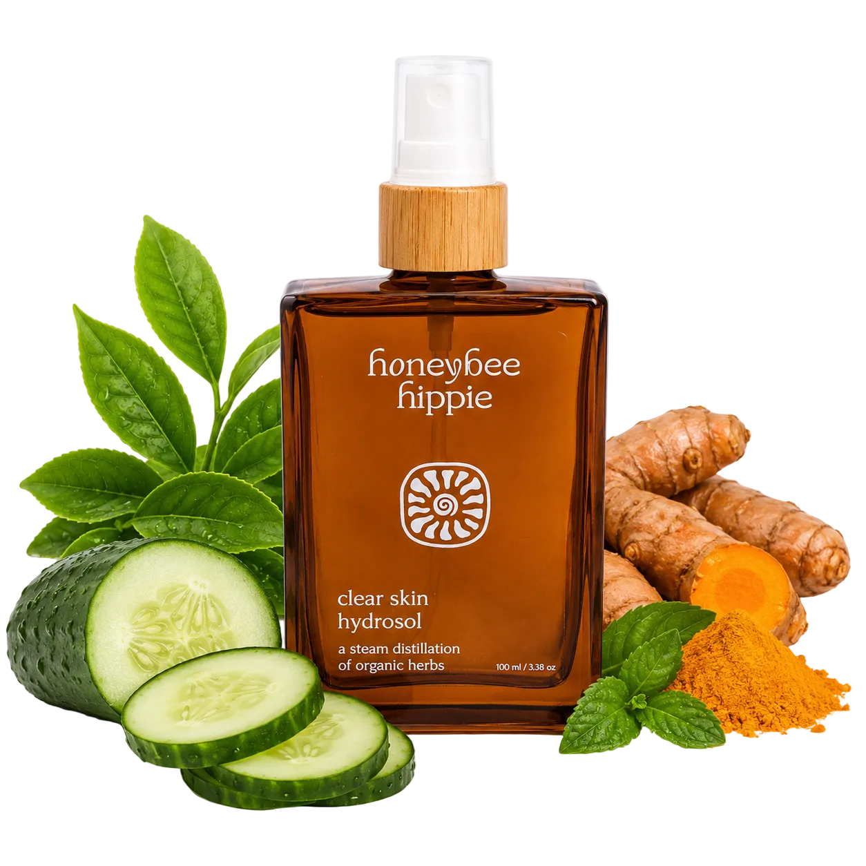 Honeybee Hippie clear skin hydrosol bottle with natural ingredients on a white background