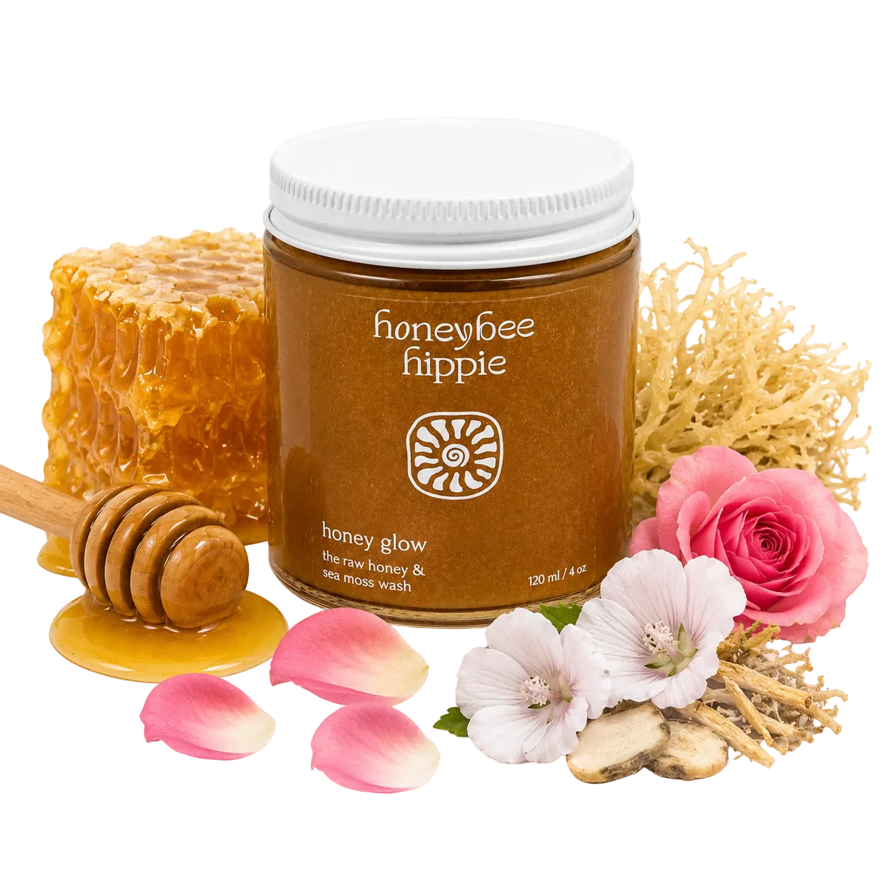 Jar of honeybee hippie honey with honeycomb, flowers, and a honey dipper on a white background