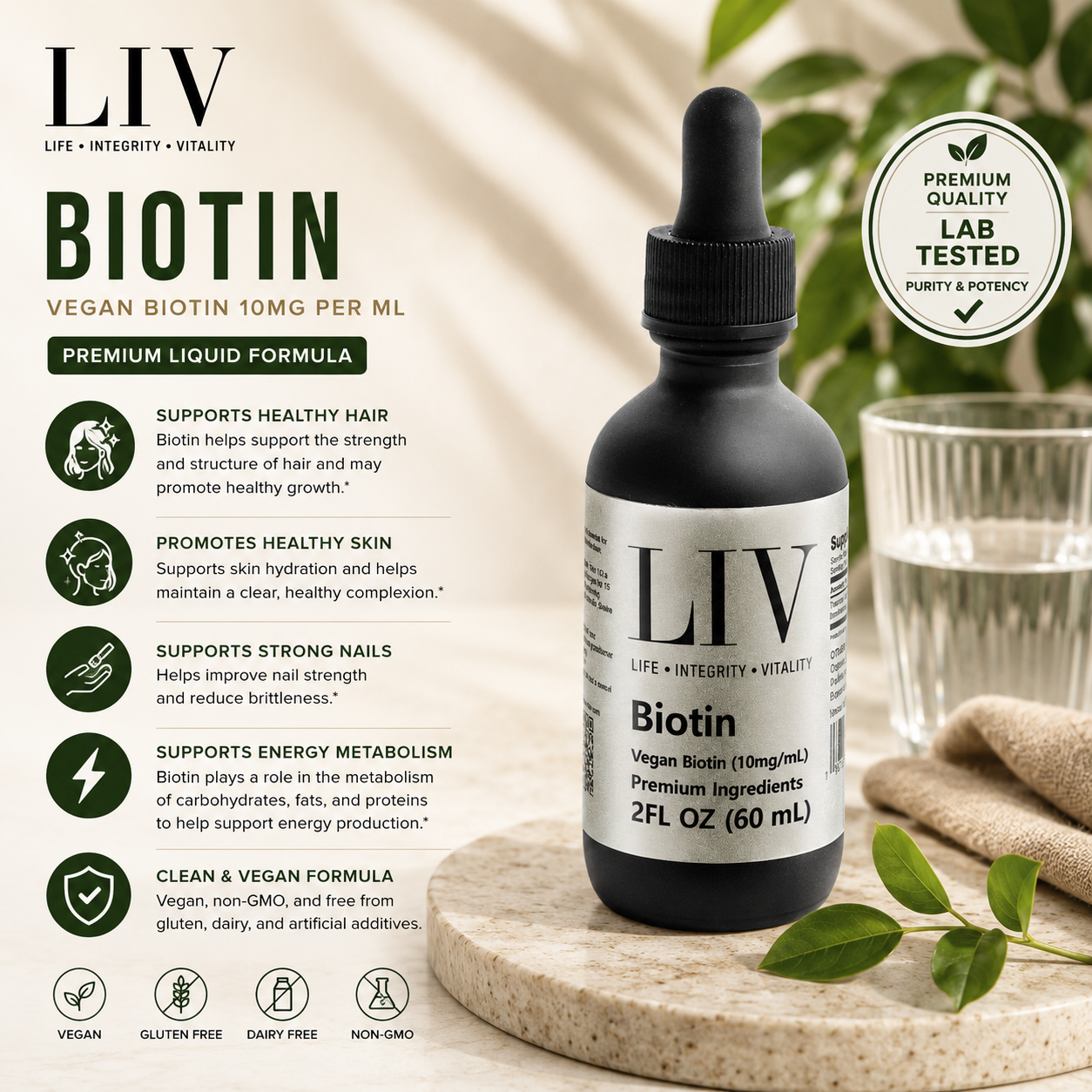 Biotin Liquid Skin Nutrients (Vegan, 10,000mcg each, 60 Servings)