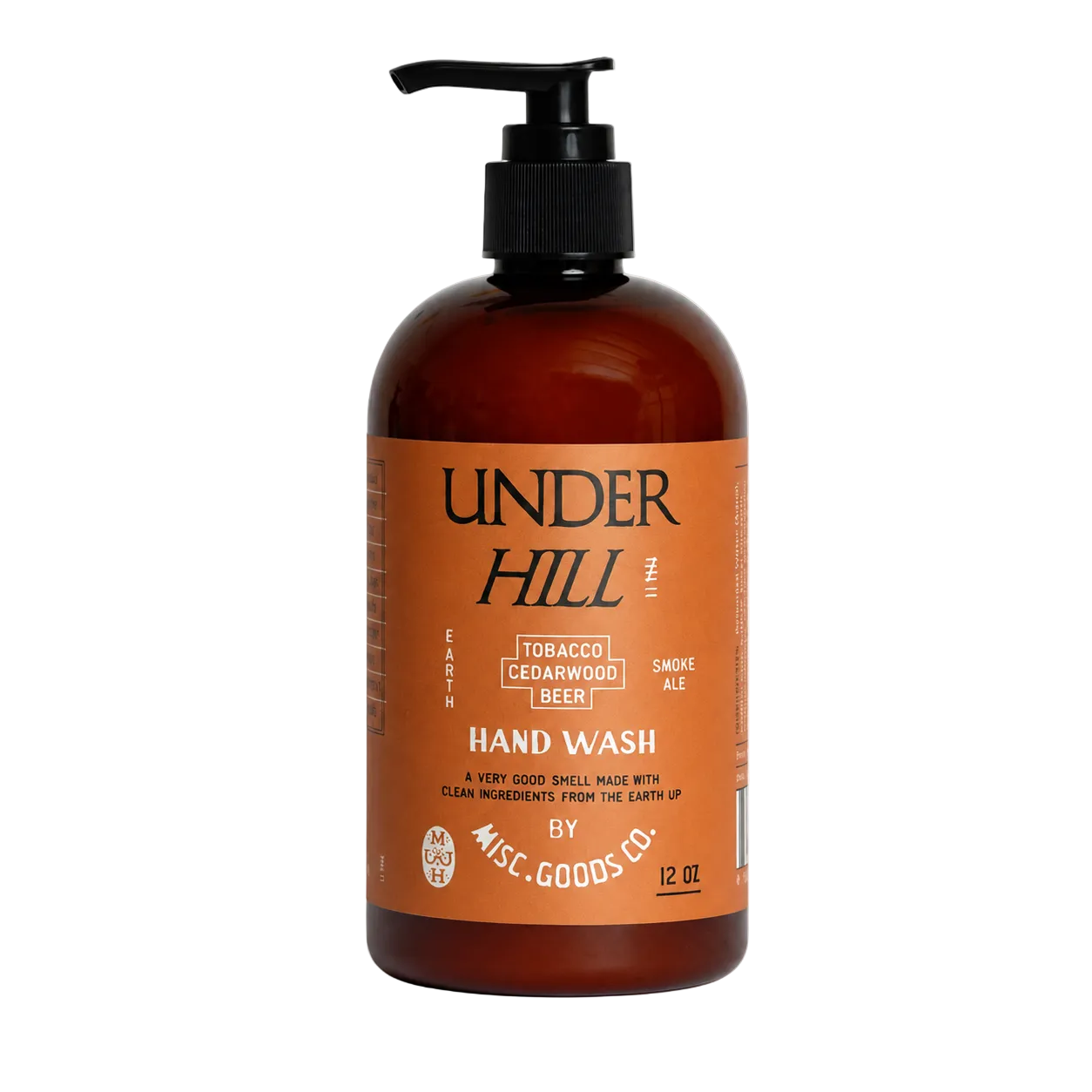 Brown bottle of Under Hill hand wash with pump on a white background