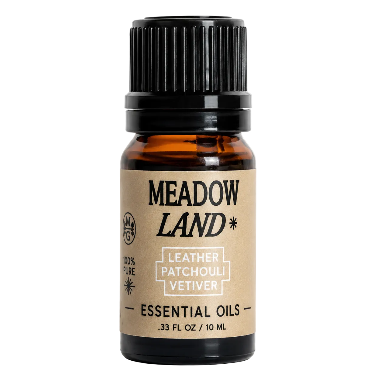 Meadow Land essential oils bottle with a black cap on a white background