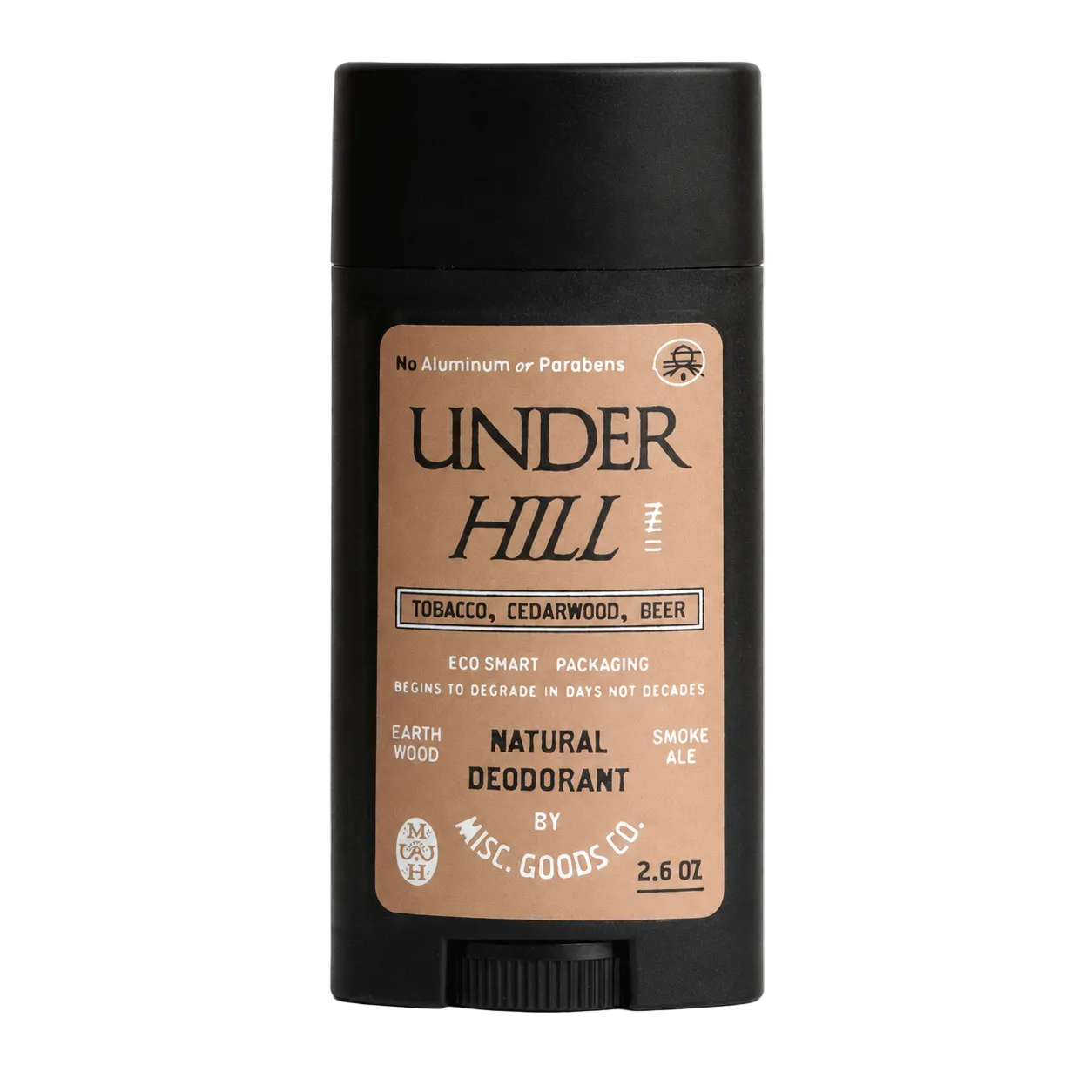 Black deodorant stick with brown label on a white background