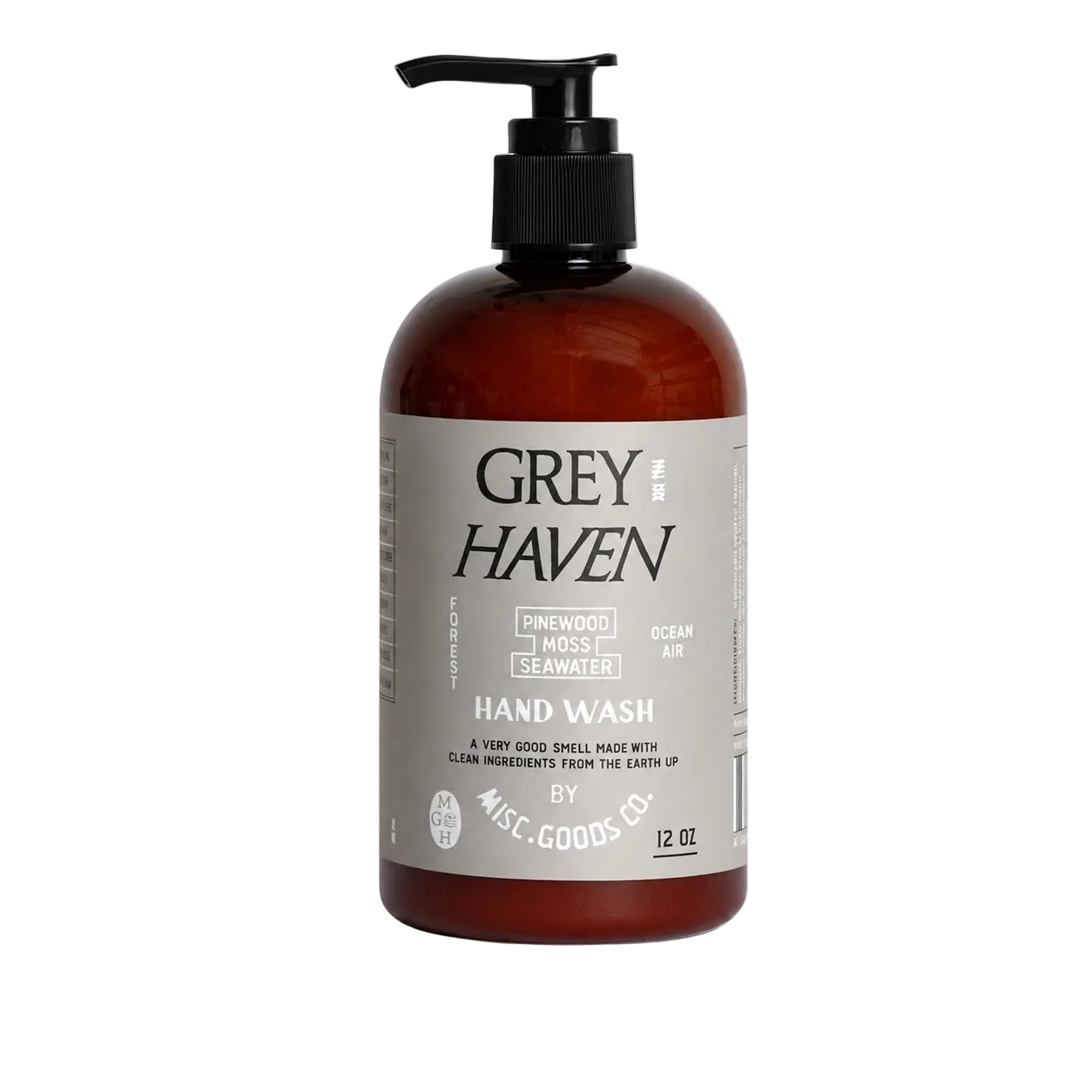 Brown bottle of Grey Haven hand wash on a white background