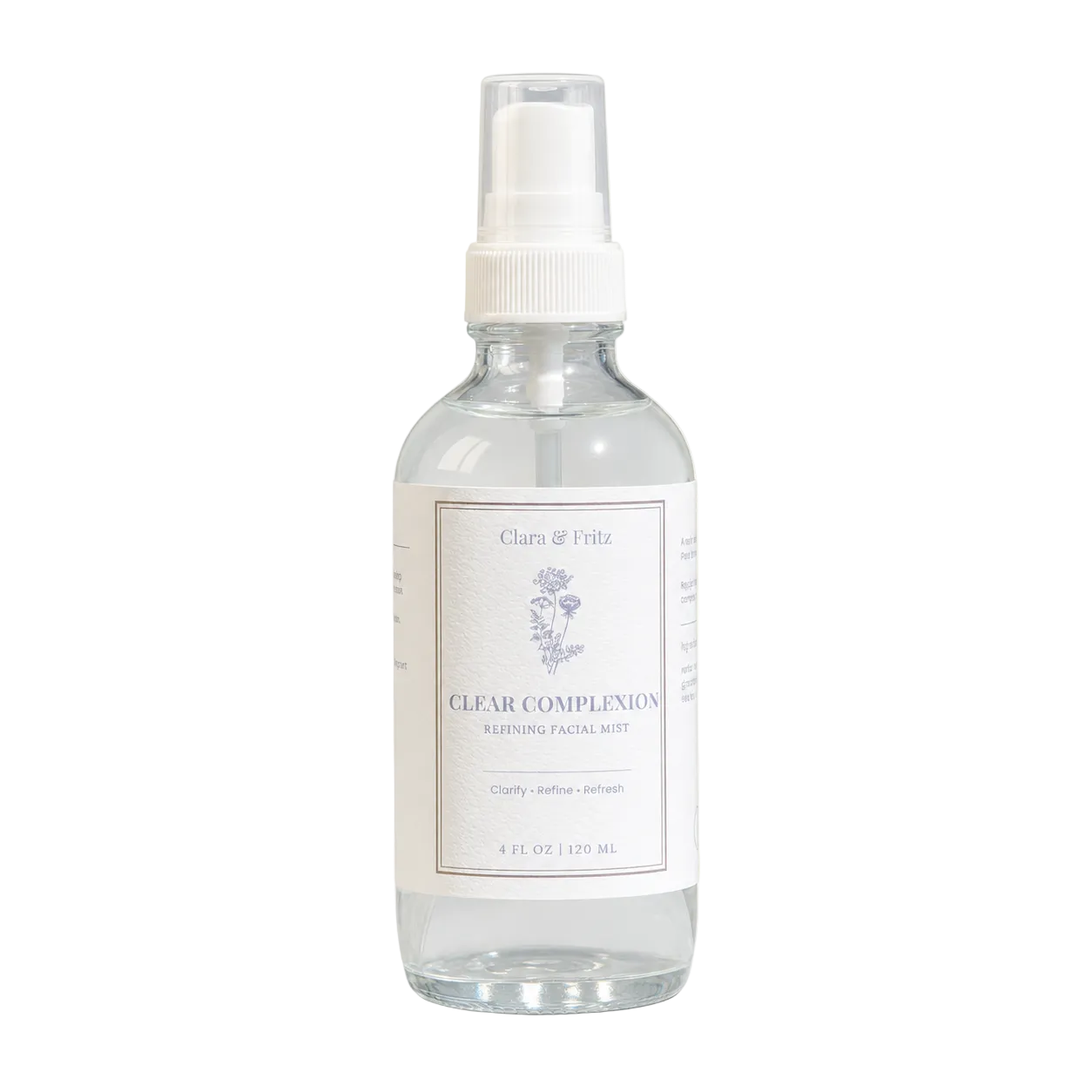 Clear bottle with white cap and label on a light beige background