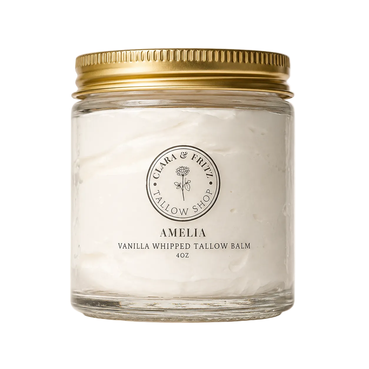 Glass jar with gold lid labeled &