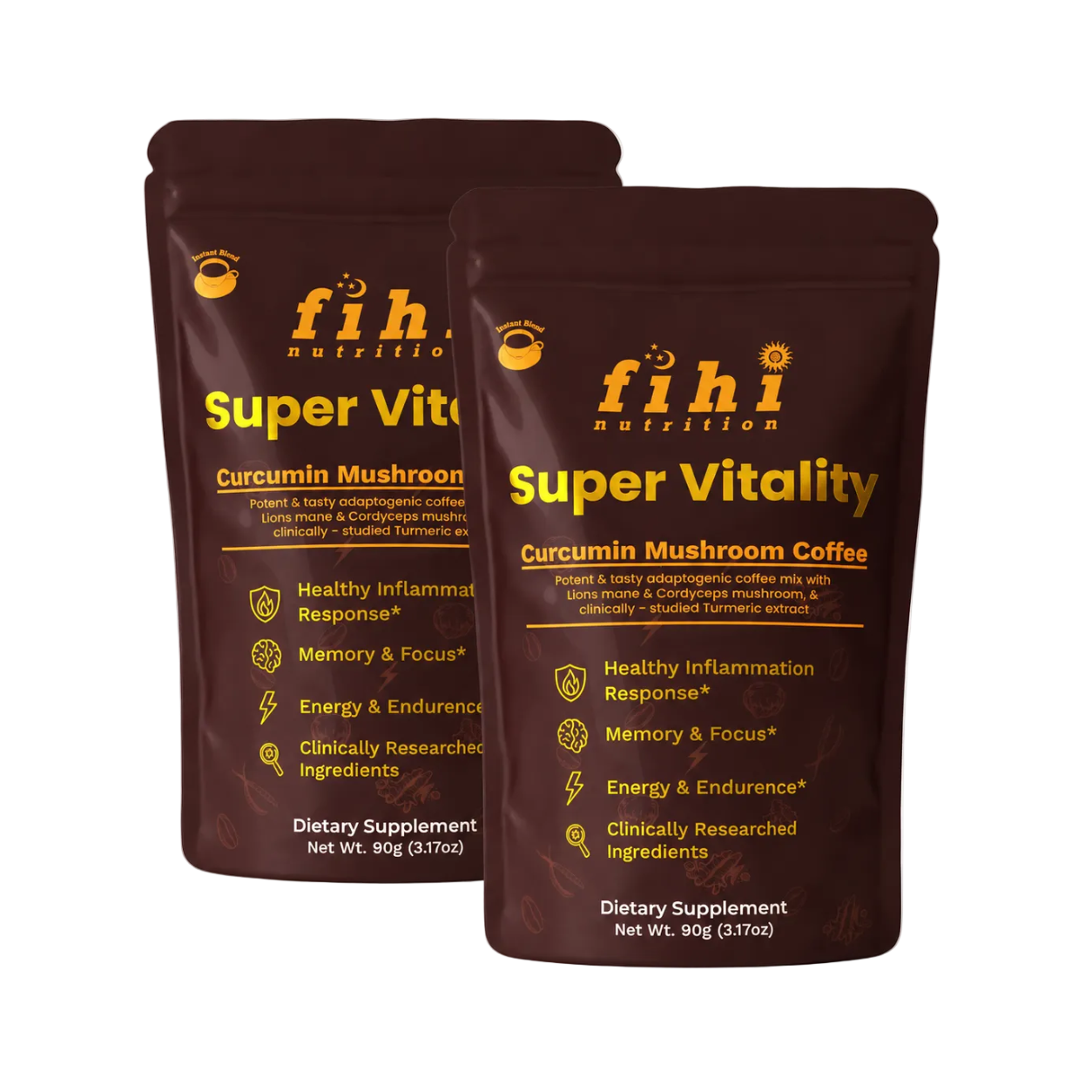 Two packages of fihi nutrition Super Vitality Curcumin Mushroom Coffee on a white background