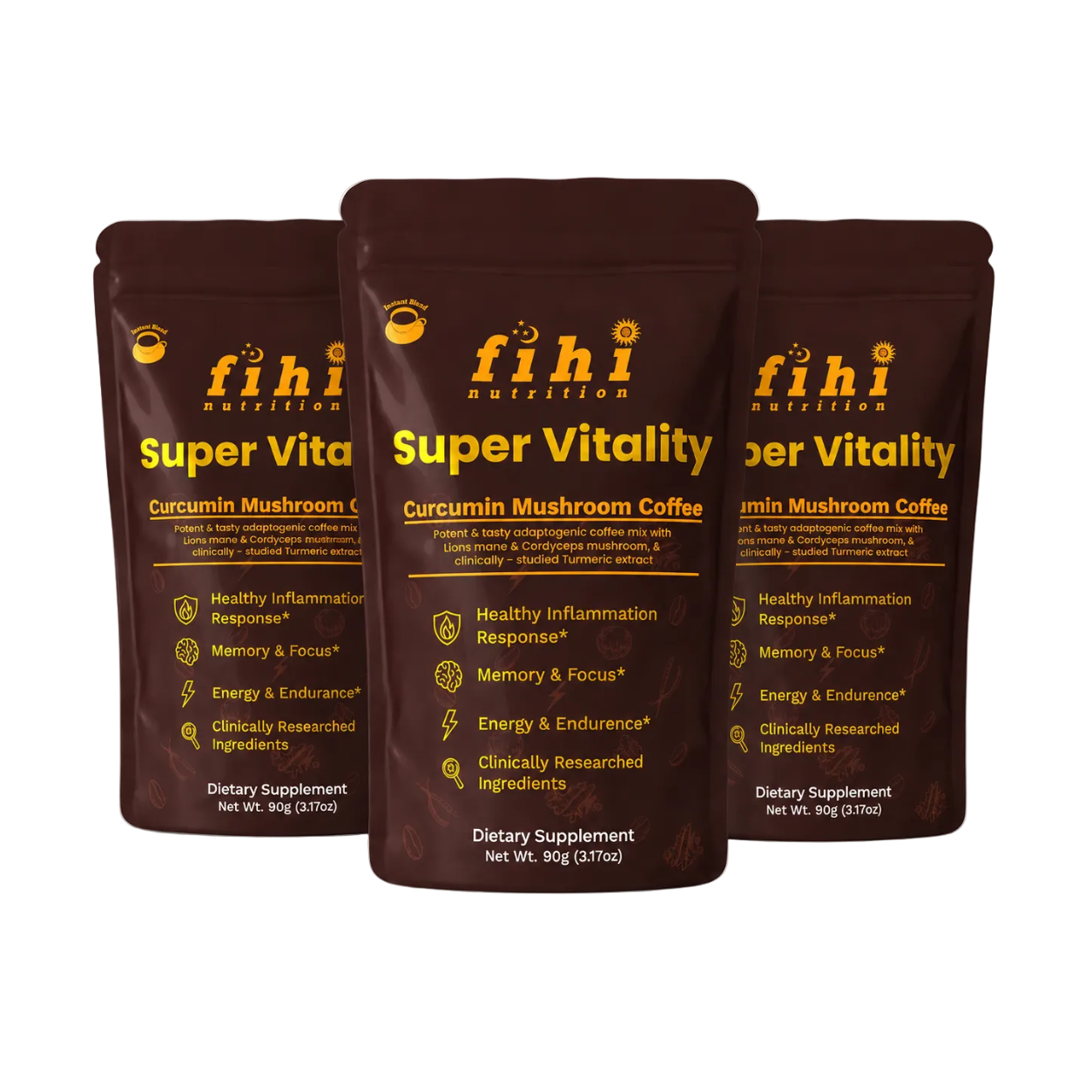 Three packages of fihi nutrition Super Vitality Curcumin Mushroom Coffee on a white background